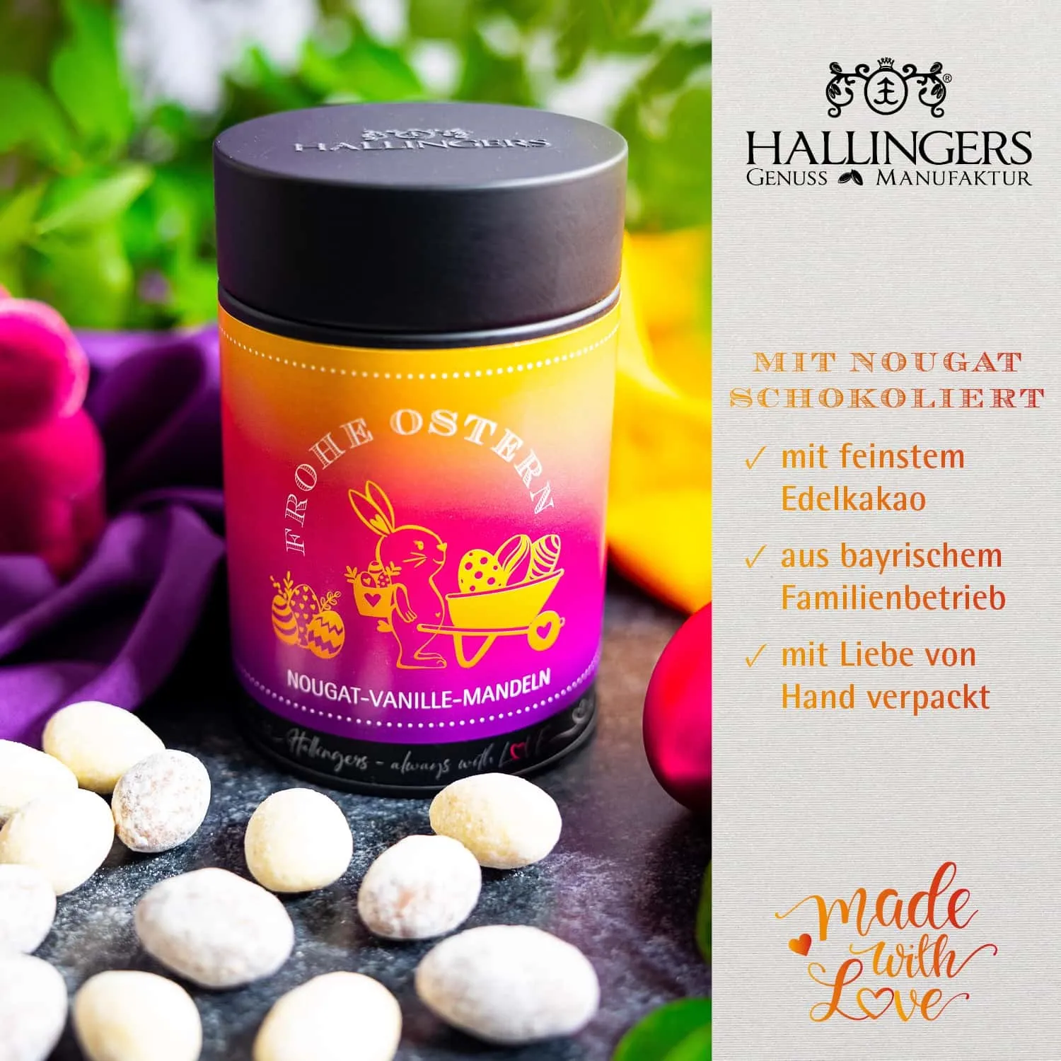 HANDWERK STATT MASSENWARE - Edition \Frohe Ostern\: Während andere auf günstige Rezepturen und industrielle Fertigung setzen, überzeugen unsere Nougat-Mandeln durch Tiefe, Finesse und ein Geschmackserlebnis mit Suchtpotenzial