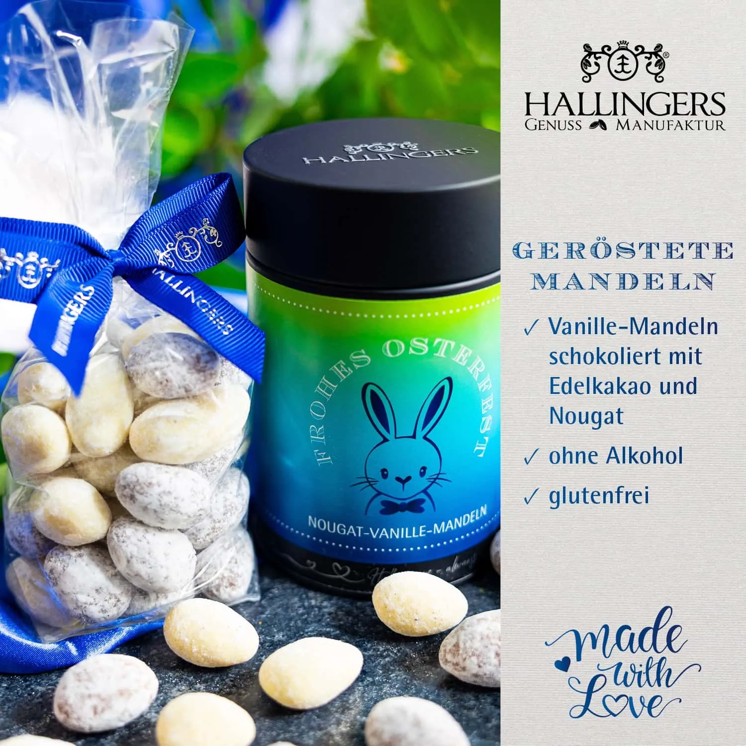 NOUGAT-MANDELN OHNE ALKOHOL - Von Hand in der Manufaktur schokolierte Mandeln mit feinem Vanille-Nougat, stilvoll verpackt in einer hochwertigen Geschenkdose. Exklusiver Genuss für Feinschmecker & die besondere Geschenkidee