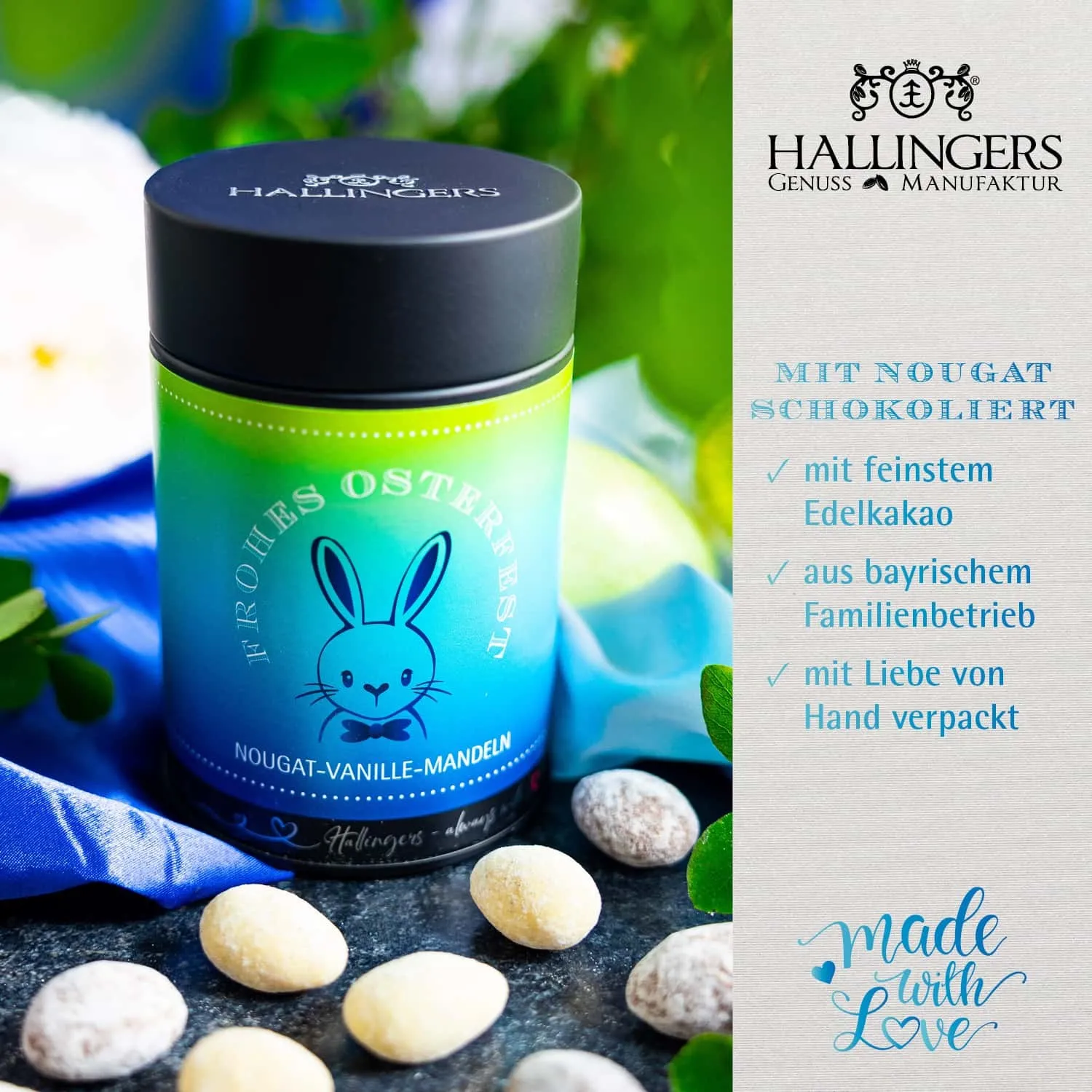 HANDWERK STATT MASSENWARE - Edition \Frohes Osterfest\: Während andere auf günstige Rezepturen und industrielle Fertigung setzen, überzeugen unsere Nougat-Mandeln durch Tiefe, Finesse und ein Geschmackserlebnis mit Suchtpotenzial