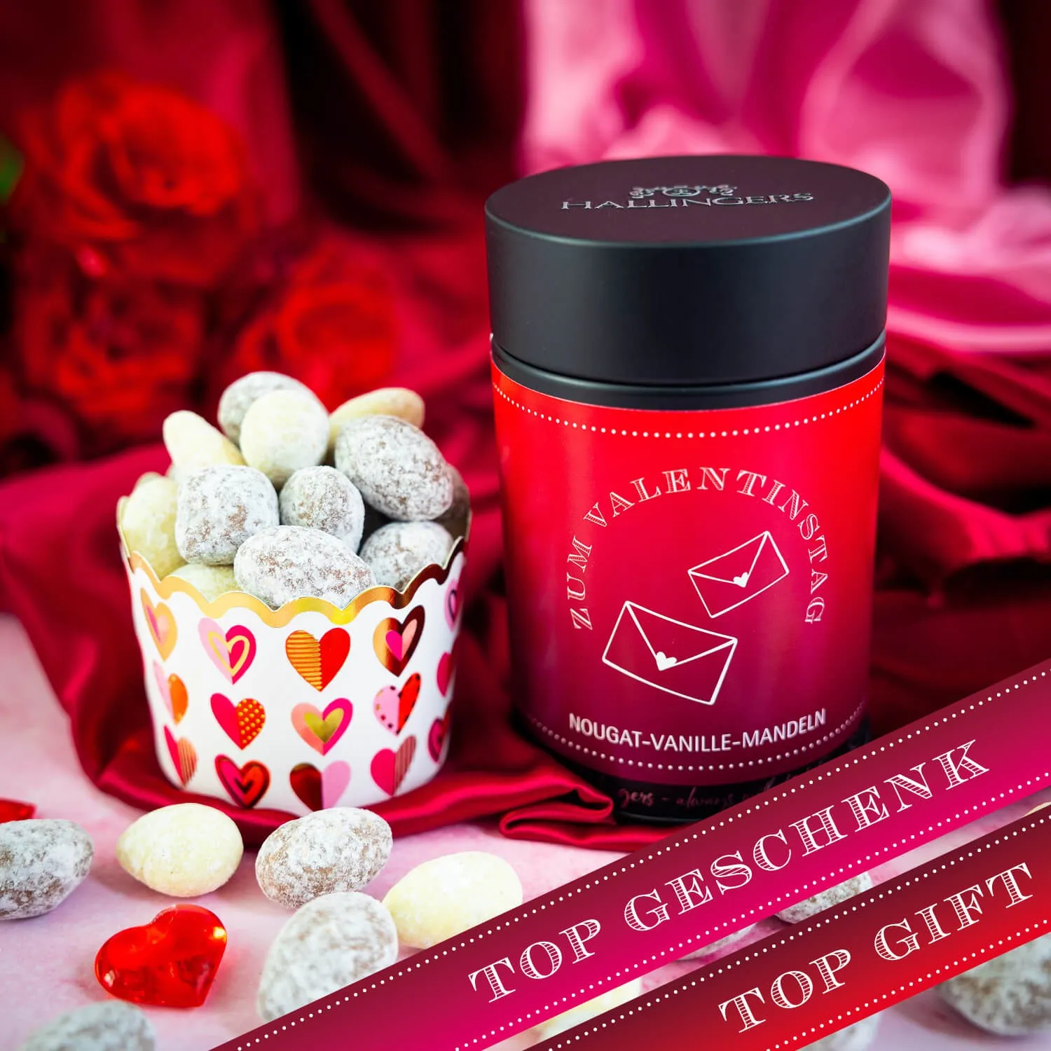 HANDWERK STATT MASSENWARE - Edition \Zum Valentinstag\: Während andere auf günstige Rezepturen und industrielle Fertigung setzen, überzeugen unsere Nougat-Mandeln durch Tiefe, Finesse und ein Geschmackserlebnis mit Suchtpotenzial