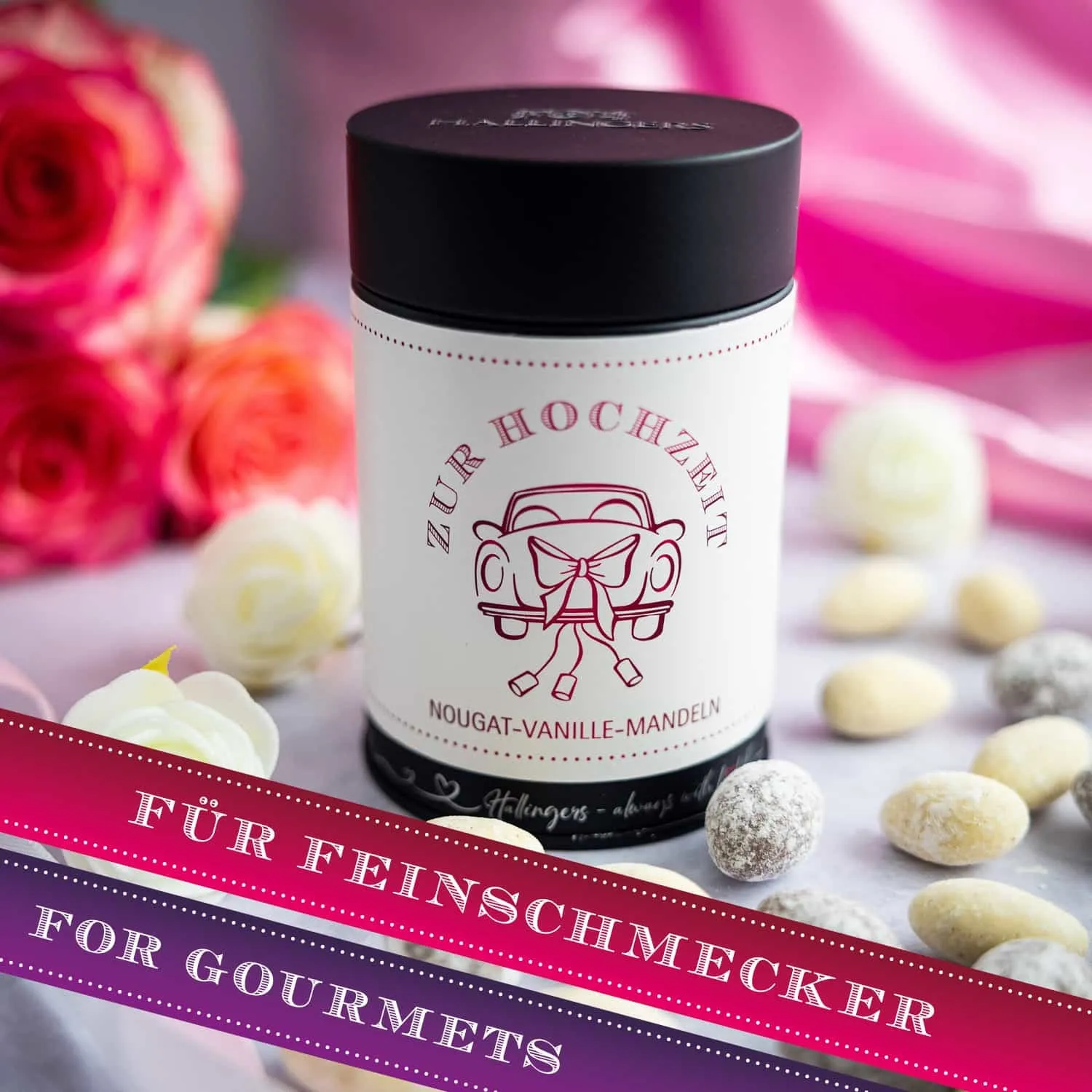 HANDWERK STATT MASSENWARE - Edition \Zur Hochzeit\: Während andere auf günstige Rezepturen und industrielle Fertigung setzen, überzeugen unsere Nougat-Mandeln durch Tiefe, Finesse und ein Geschmackserlebnis mit Suchtpotenzial