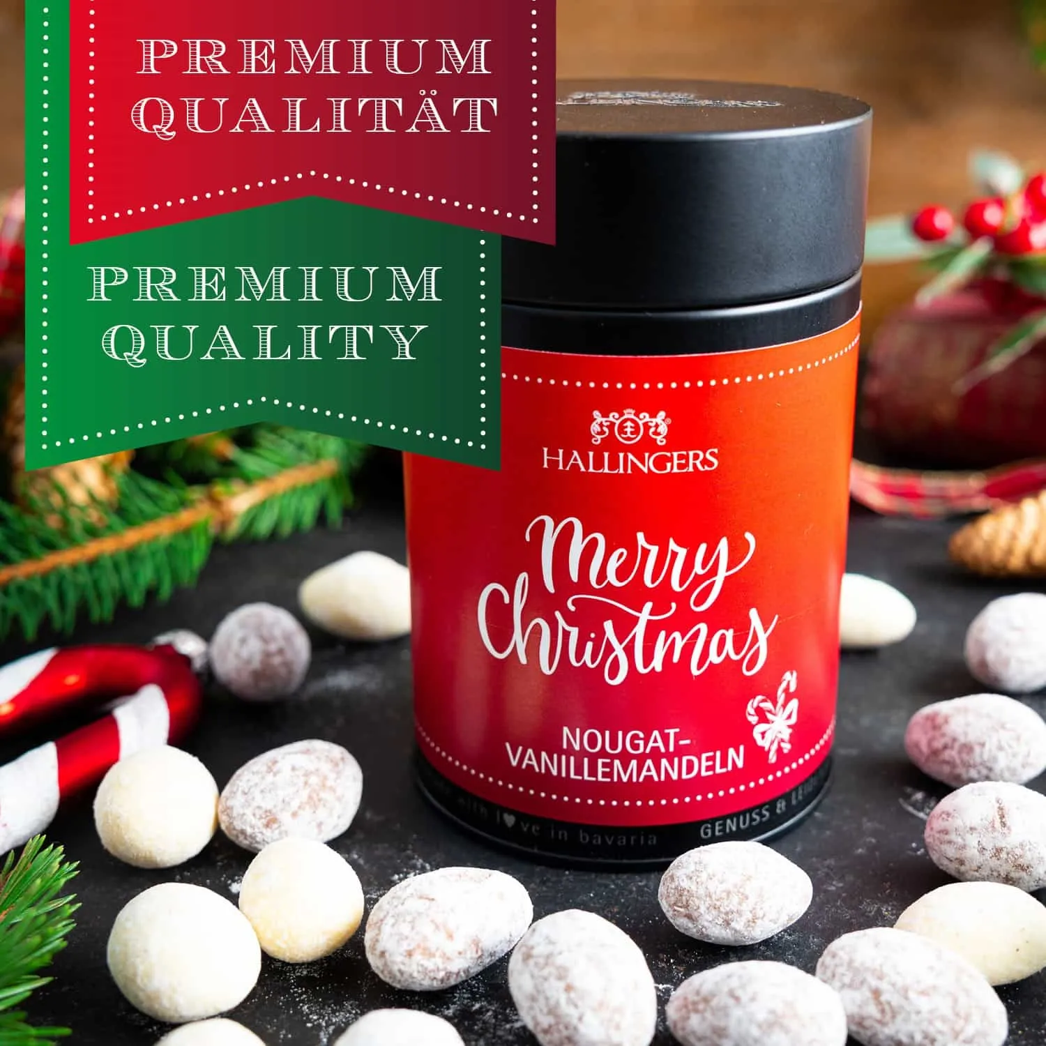 HANDWERK STATT MASSENWARE - Edition \Merry Christmas\: Während andere auf günstige Rezepturen und industrielle Fertigung setzen, überzeugen unsere Nougat-Mandeln durch Tiefe, Finesse und ein Geschmackserlebnis mit Suchtpotenzial