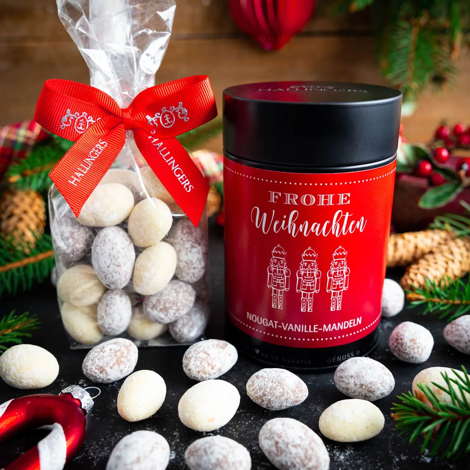 NOUGAT-MANDELN OHNE ALKOHOL - Von Hand in der Manufaktur schokolierte Mandeln mit feinem Vanille-Nougat, stilvoll verpackt in einer hochwertigen Geschenkdose. Exklusiver Genuss für Feinschmecker & die besondere Geschenkidee