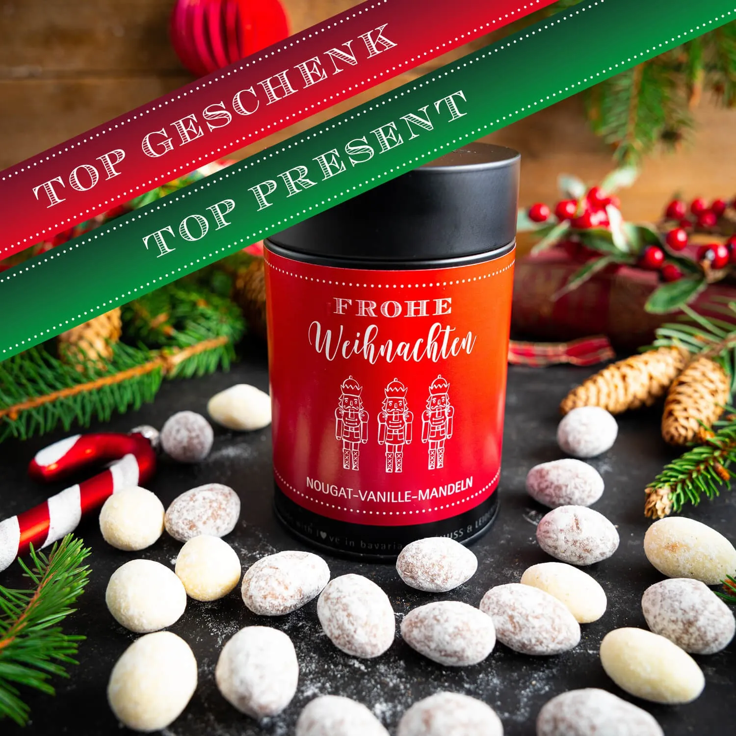 HANDWERK STATT MASSENWARE - Edition \Frohe Weihnachten\: Während andere auf günstige Rezepturen und industrielle Fertigung setzen, überzeugen unsere Nougat-Mandeln durch Tiefe, Finesse und ein Geschmackserlebnis mit Suchtpotenzial