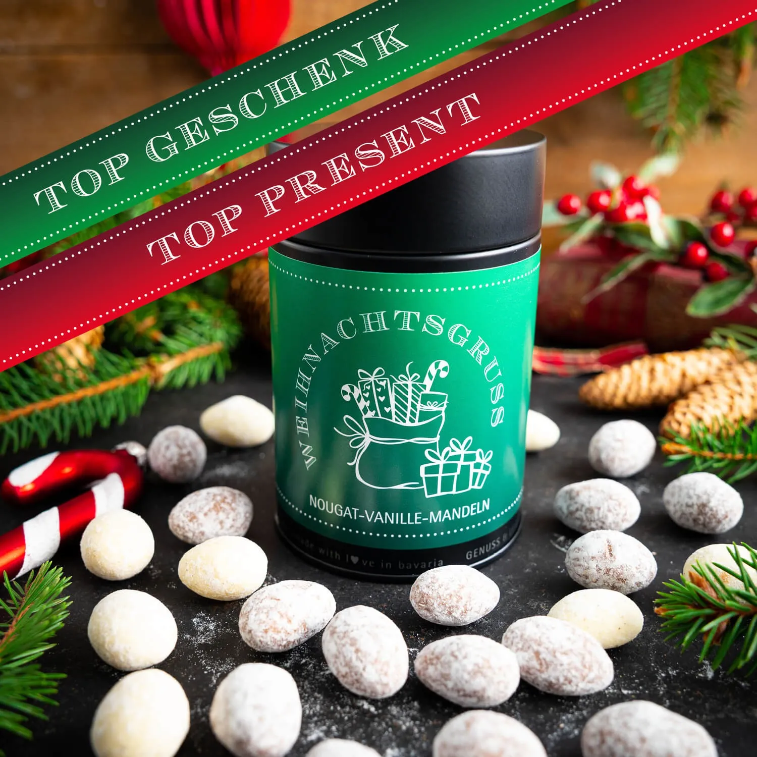 HANDWERK STATT MASSENWARE - Edition \Weihnachtsgruß\: Während andere auf günstige Rezepturen und industrielle Fertigung setzen, überzeugen unsere Nougat-Mandeln durch Tiefe, Finesse und ein Geschmackserlebnis mit Suchtpotenzial