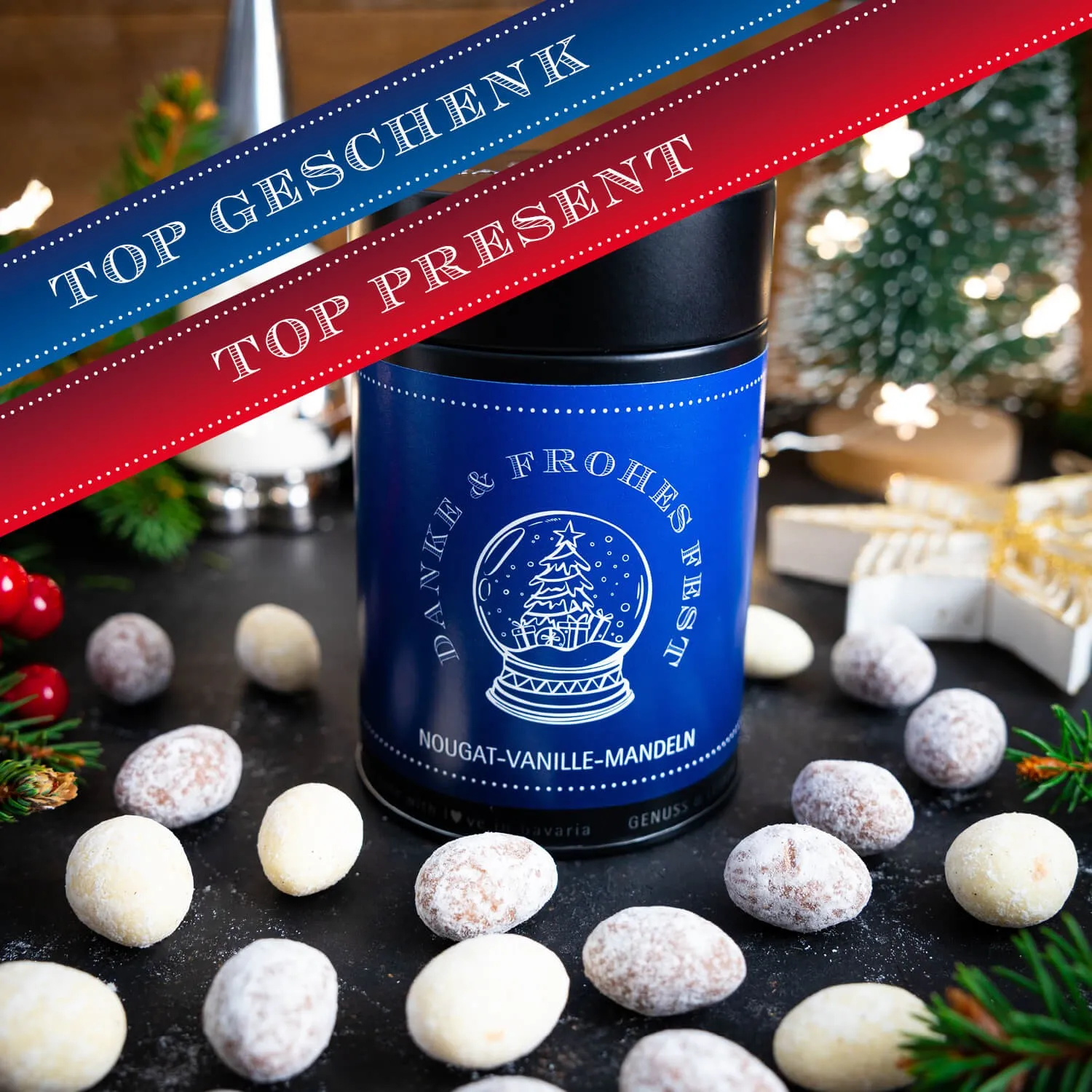 HANDWERK STATT MASSENWARE - Edition \Danke & Frohe Weihnachten\: Während andere auf günstige Rezepturen und industrielle Fertigung setzen, überzeugen unsere Nougat-Mandeln durch Tiefe, Finesse und ein Geschmackserlebnis mit Suchtpotenzial