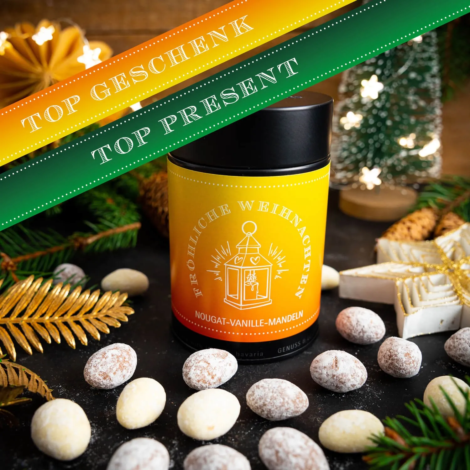 HANDWERK STATT MASSENWARE - Edition \Fröhliche Weihnachten\: Während andere auf günstige Rezepturen und industrielle Fertigung setzen, überzeugen unsere Nougat-Mandeln durch Tiefe, Finesse und ein Geschmackserlebnis mit Suchtpotenzial