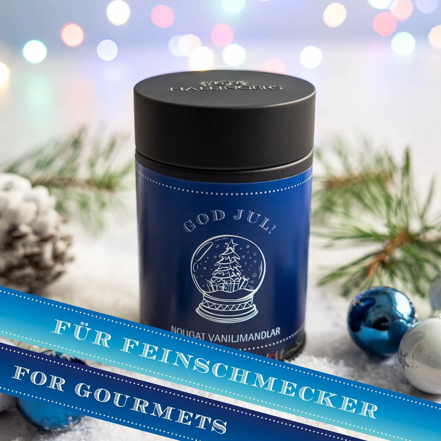 HANDWERK STATT MASSENWARE - Edition \God Jul, blue\: Während andere auf günstige Rezepturen und industrielle Fertigung setzen, überzeugen unsere Nougat-Mandeln durch Tiefe, Finesse und ein Geschmackserlebnis mit Suchtpotenzial