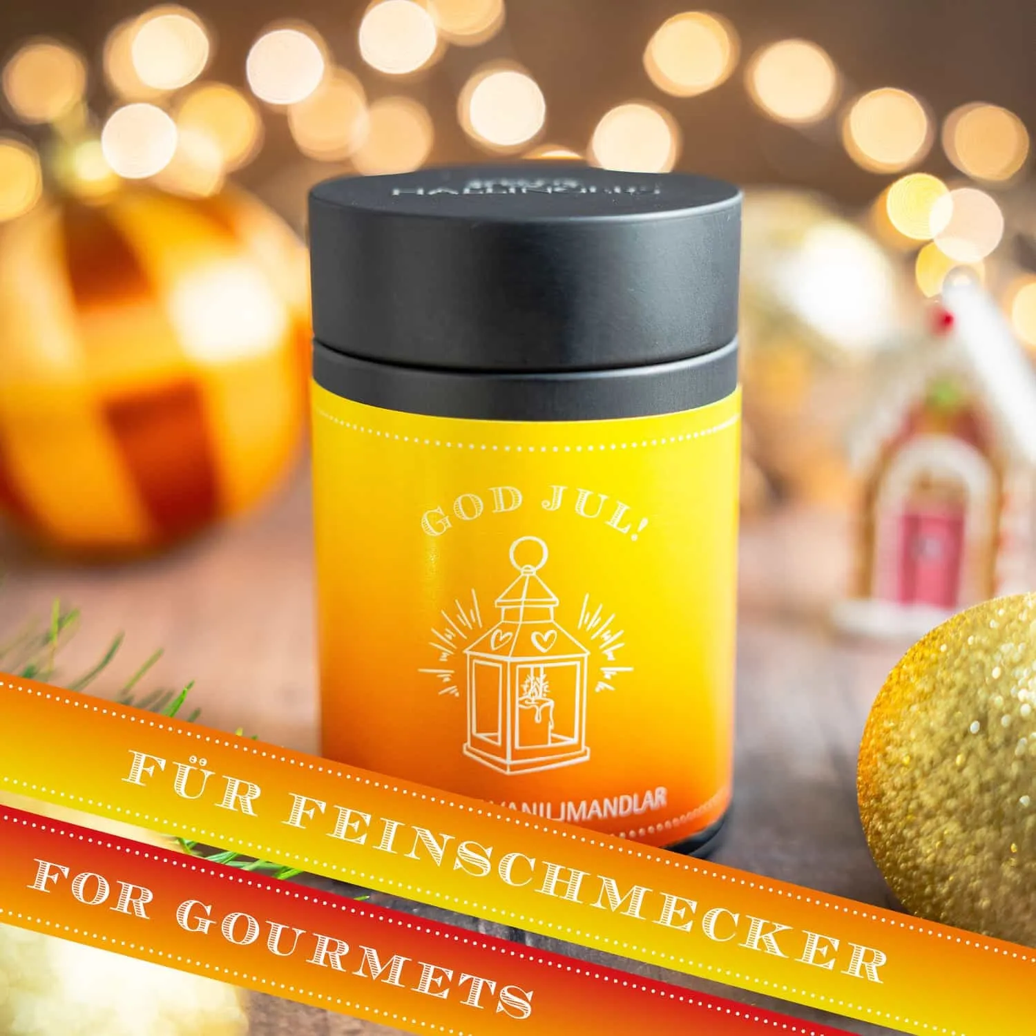 HANDWERK STATT MASSENWARE - Edition \God Jul, yellow\: Während andere auf günstige Rezepturen und industrielle Fertigung setzen, überzeugen unsere Nougat-Mandeln durch Tiefe, Finesse und ein Geschmackserlebnis mit Suchtpotenzial