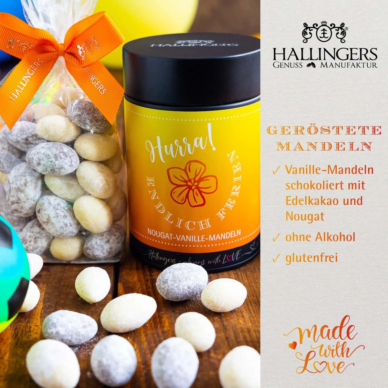 NOUGAT-MANDELN OHNE ALKOHOL - Von Hand in der Manufaktur schokolierte Mandeln mit feinem Vanille-Nougat, stilvoll verpackt in einer hochwertigen Geschenkdose. Exklusiver Genuss für Feinschmecker & die besondere Geschenkidee