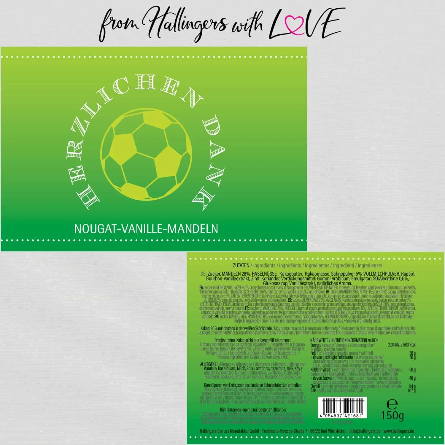 Herzlichen Dank Fußball - Nougat-Mandeln, handmade ohne Alkohol