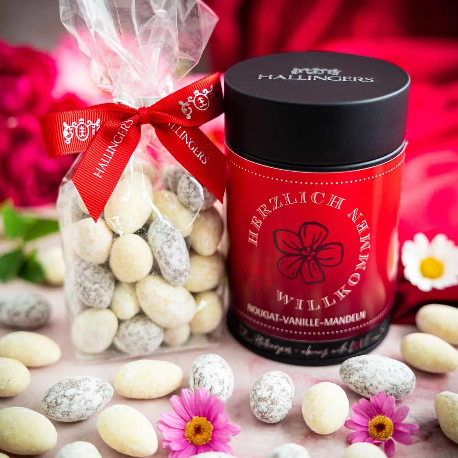 NOUGAT-MANDELN OHNE ALKOHOL - Von Hand in der Manufaktur schokolierte Mandeln mit feinem Vanille-Nougat, stilvoll verpackt in einer hochwertigen Geschenkdose. Exklusiver Genuss für Feinschmecker & die besondere Geschenkidee