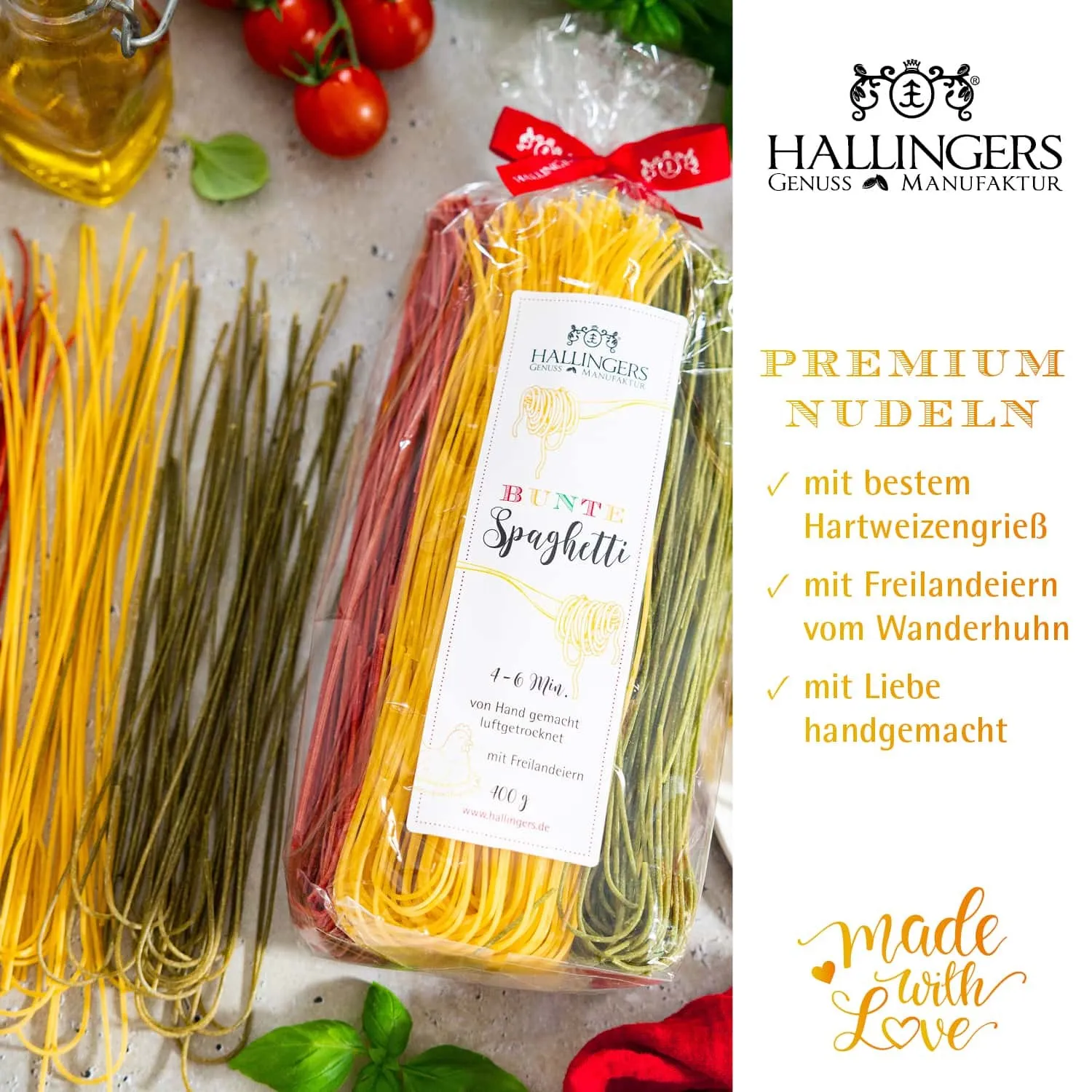 EDEL-PASTA AUS HARTWEIZENGRIES - Frisch produzierte Nudeln aus Freilandeiern & hochwertigem Hartweizengries, natürlich eingefärbt & ideal für besondere Genussmomente. Die besondere Geschenkidee für Feinschmecker & Pasta-Liebhaber