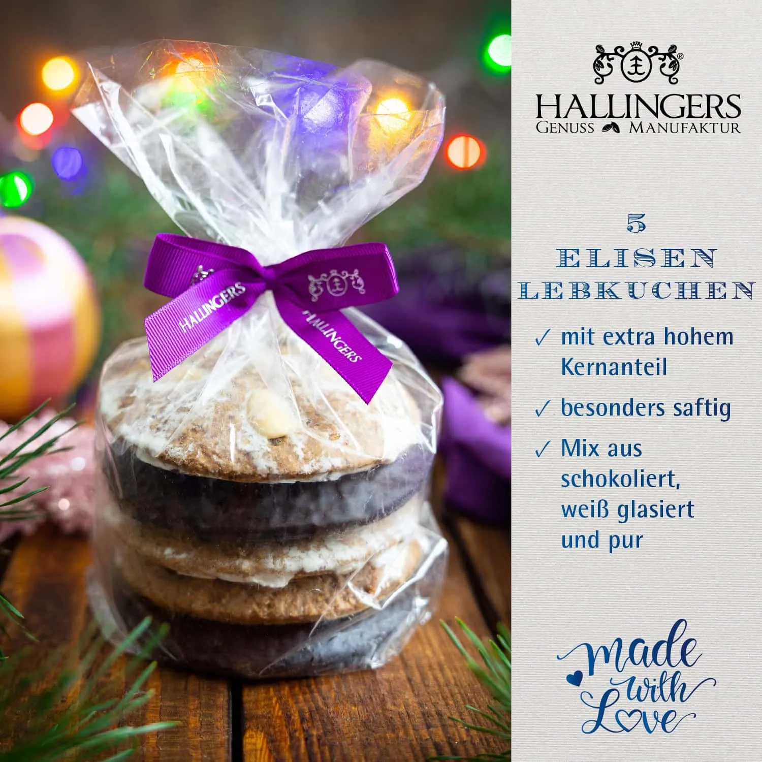 VEGANE ELISEN-LEBKUCHEN IM GESCHENK-BEUTEL - 5 saftige handgemachte Elisen-Lebkuchen mit hohem Kernanteil, stilvoll verpackt im edlen Geschenk-Beutel. Die besondere Geschenkidee für winterliche Genussmomente & die Weihnachtszeit