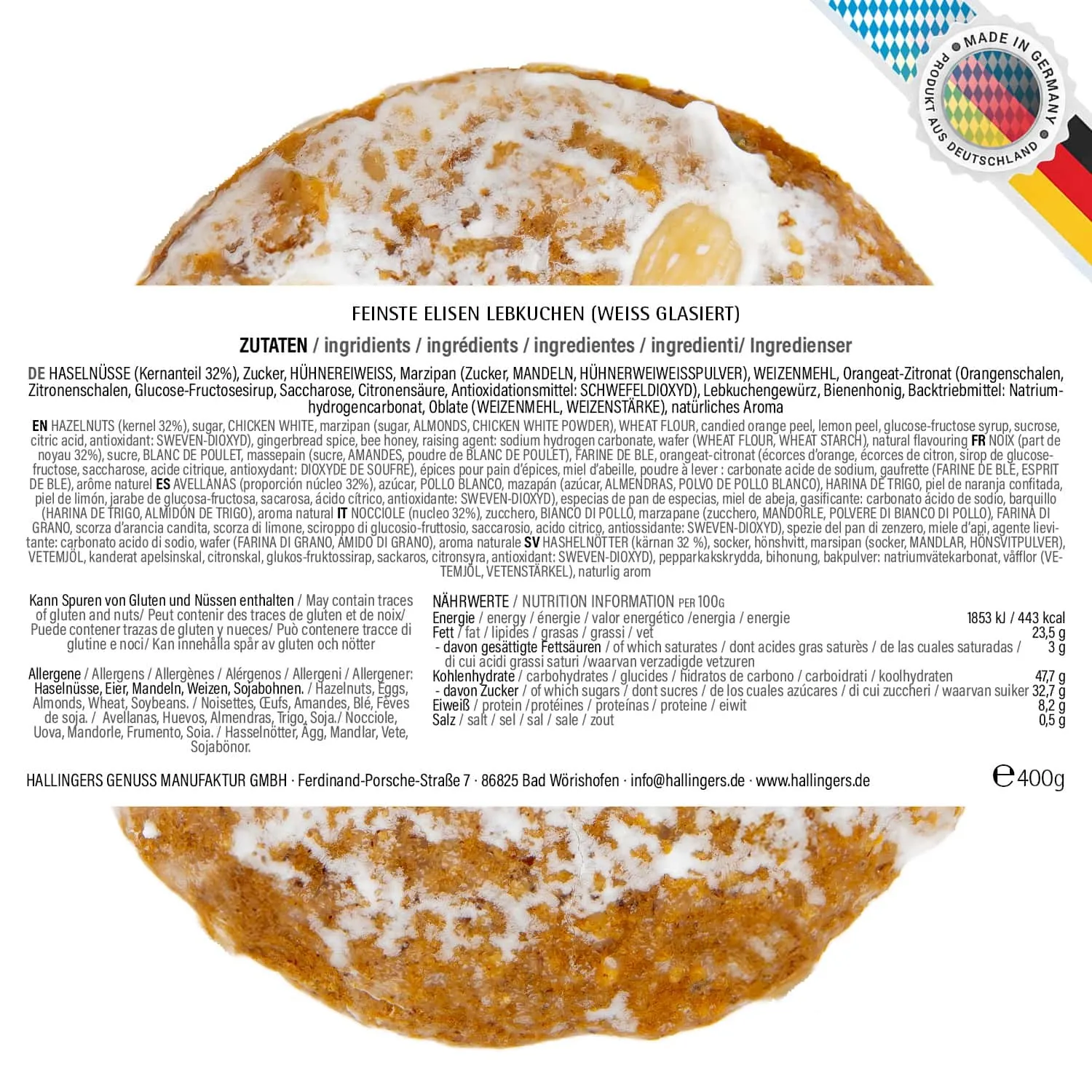 Weiß Glasiert XXL - Elisen-Lebkuchen, handmade hoher Kernanteil