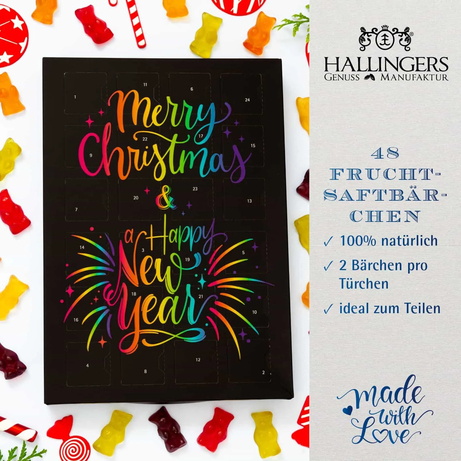 FRUCHTGUMMI ADVENTSKALENDER - 48 extra große Fruchtsaftbärchen, handgemacht und stilvoll verpackt im hochwertigen Softfeel-Karton. 24 fruchtige Genussmomente als besondere Geschenkidee für Kinder, Familien & die Adventszeit