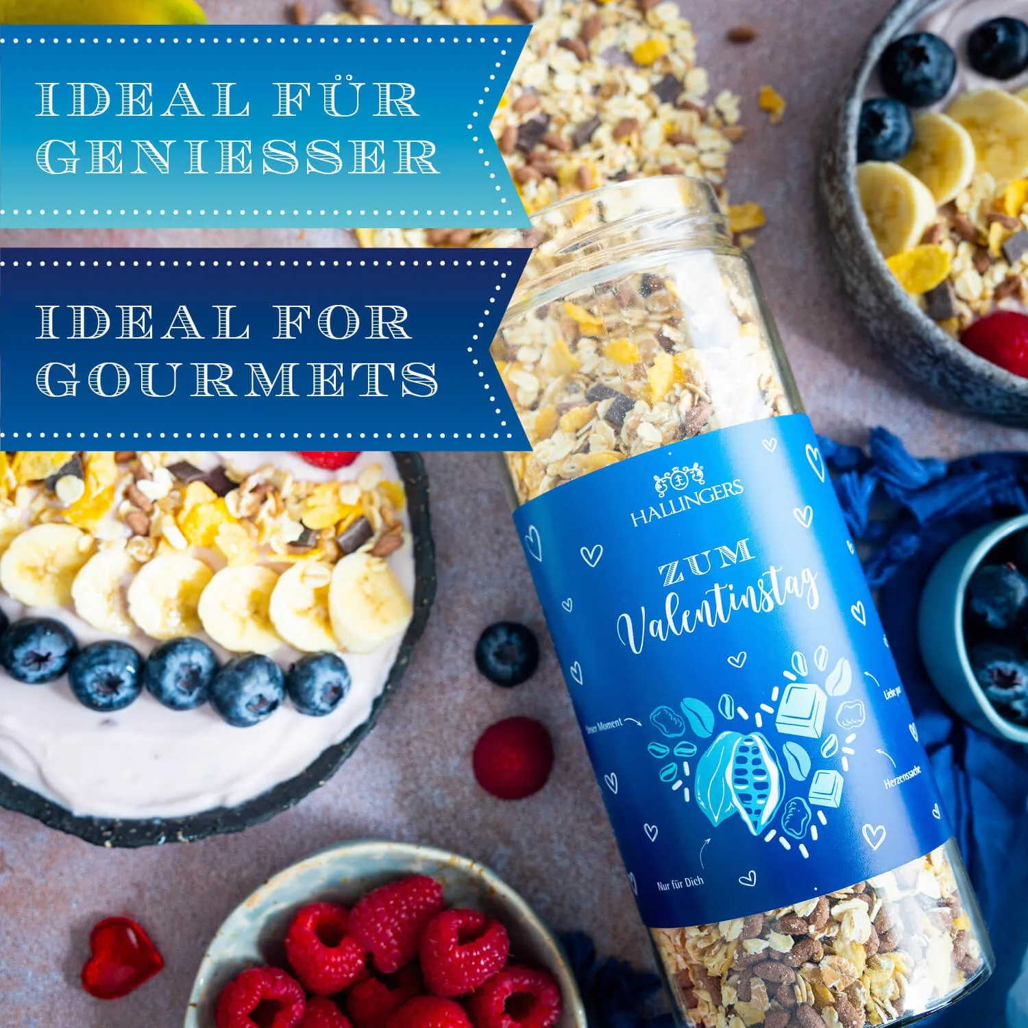 QUALITÄT, DIE MAN SCHMECKT - Edition \Zum Valentinstag, blue\: Schluss mit langweiligen Müslis voller Füllstoffe & Beliebigkeit - der Unterschied zeigt sich, wo Genuss, Qualität & sorgfältig abgestimmte Rezepturen den Ton angeben (Schokoladen-Müsli)