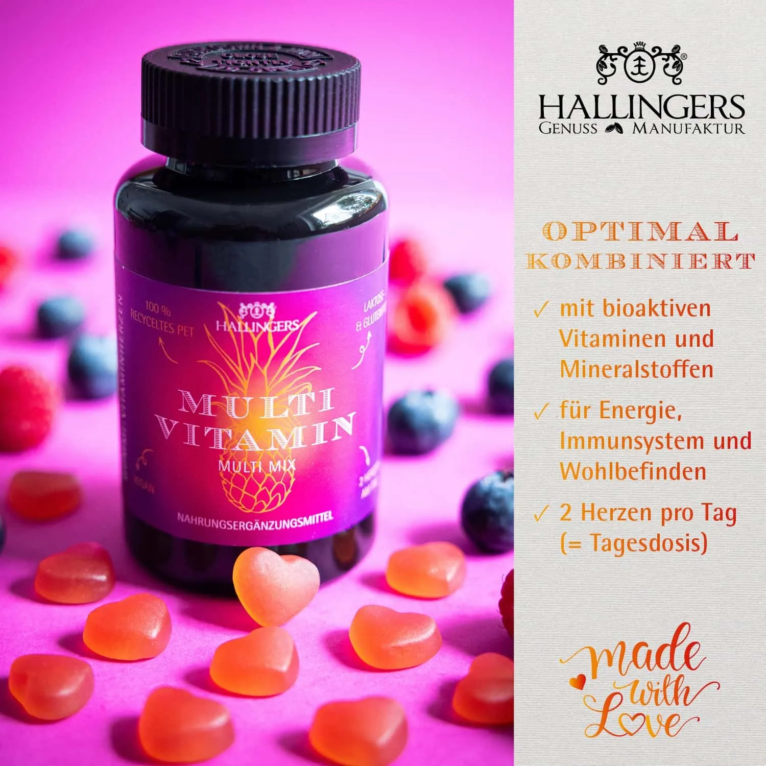 MULTIVITAMIN GUMMIES - 60 vegane Vitaminherzen Mixed Berry mit Vitamin A, C, D, E, B6, B12, Folsäure, Biotin, Pantothensäure, Zink & Iod. Fruchtiger Genuss für die ganze Familie & bewusste Wohlfühlmomente im Alltag