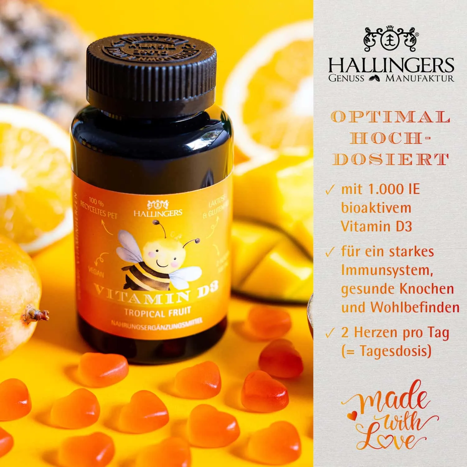 IMMUNSYSTEM GUMMIES - 60 vegane Vitaminherzen Tropical mit hochdosiertem Vitamin D3, 1000 IE & 25 mcg pro Herz. Fruchtiger Genuss für die ganze Familie & bewusste Wohlfühlmomente zur täglichen Unterstützung im Alltag