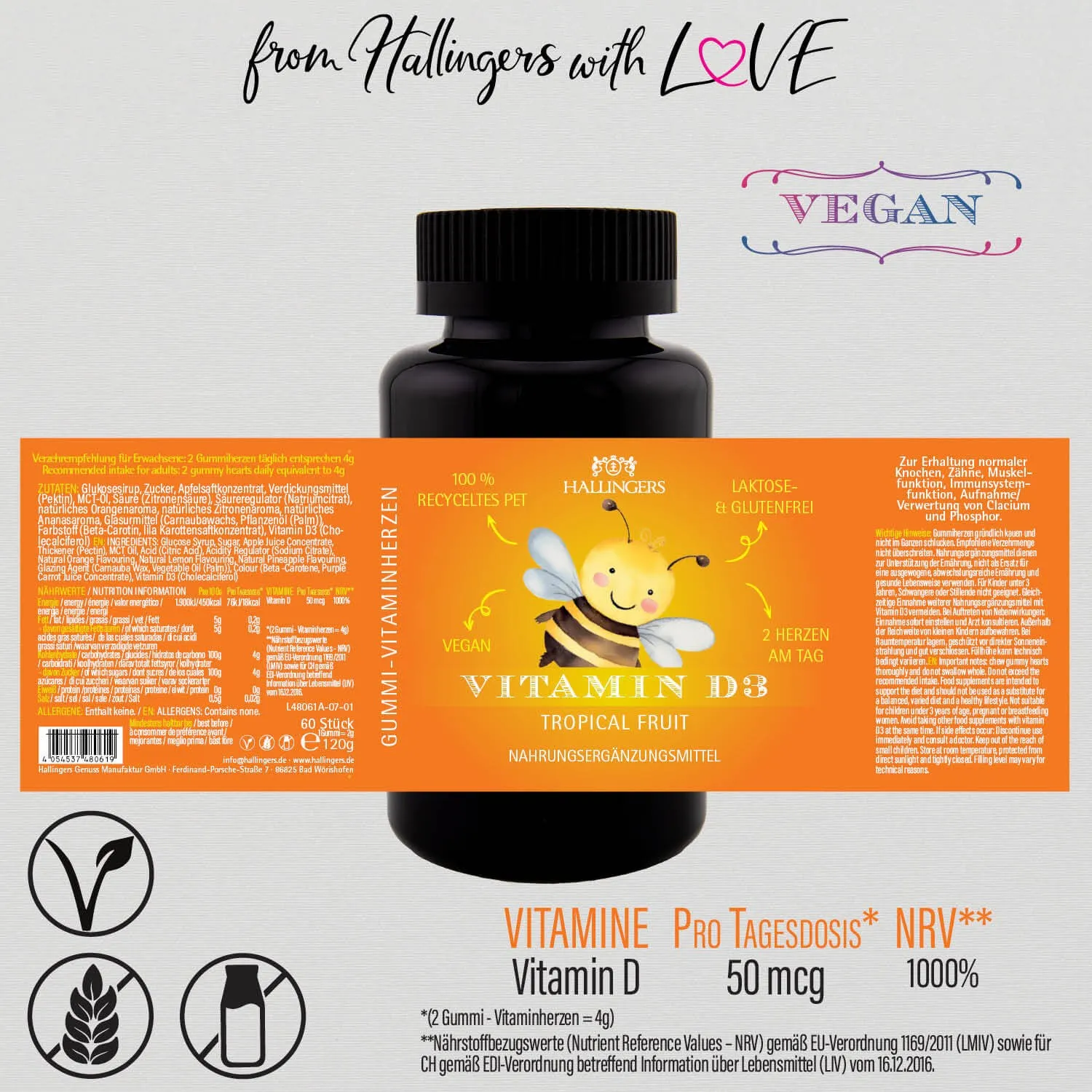 Vitamin D3, Biene - Immunsystem Gummies, 60 vegane Vitaminherzen