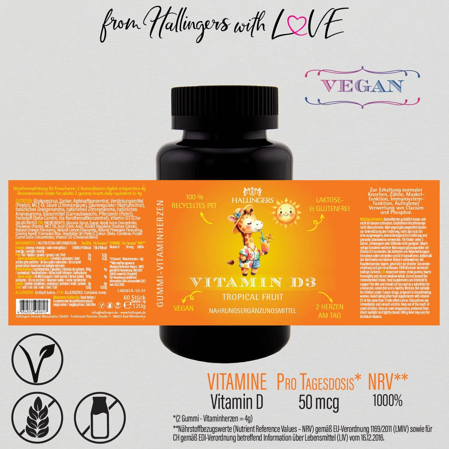 Vitamin D3, Giraffe - Immunsystem Gummies, 60 vegane Vitaminherzen