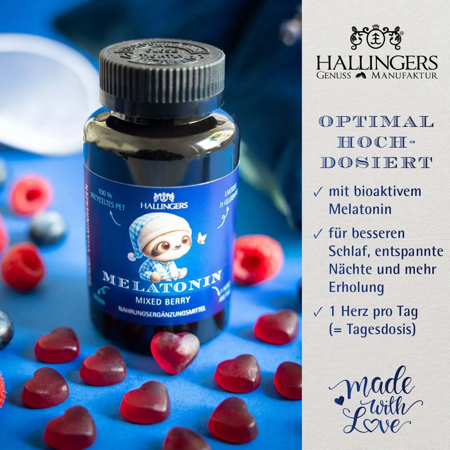 GUT SCHLAFEN GUMMIES - 60 vegane Vitaminherzen Mixed Berry mit hochdosiertem Melatonin, 0,5 mg pro Herz. Fruchtiger Genuss für entspannte Abendroutinen & erholsame Nächte  ideal für bewusste Wohlfühlmomente für die ganze Familie