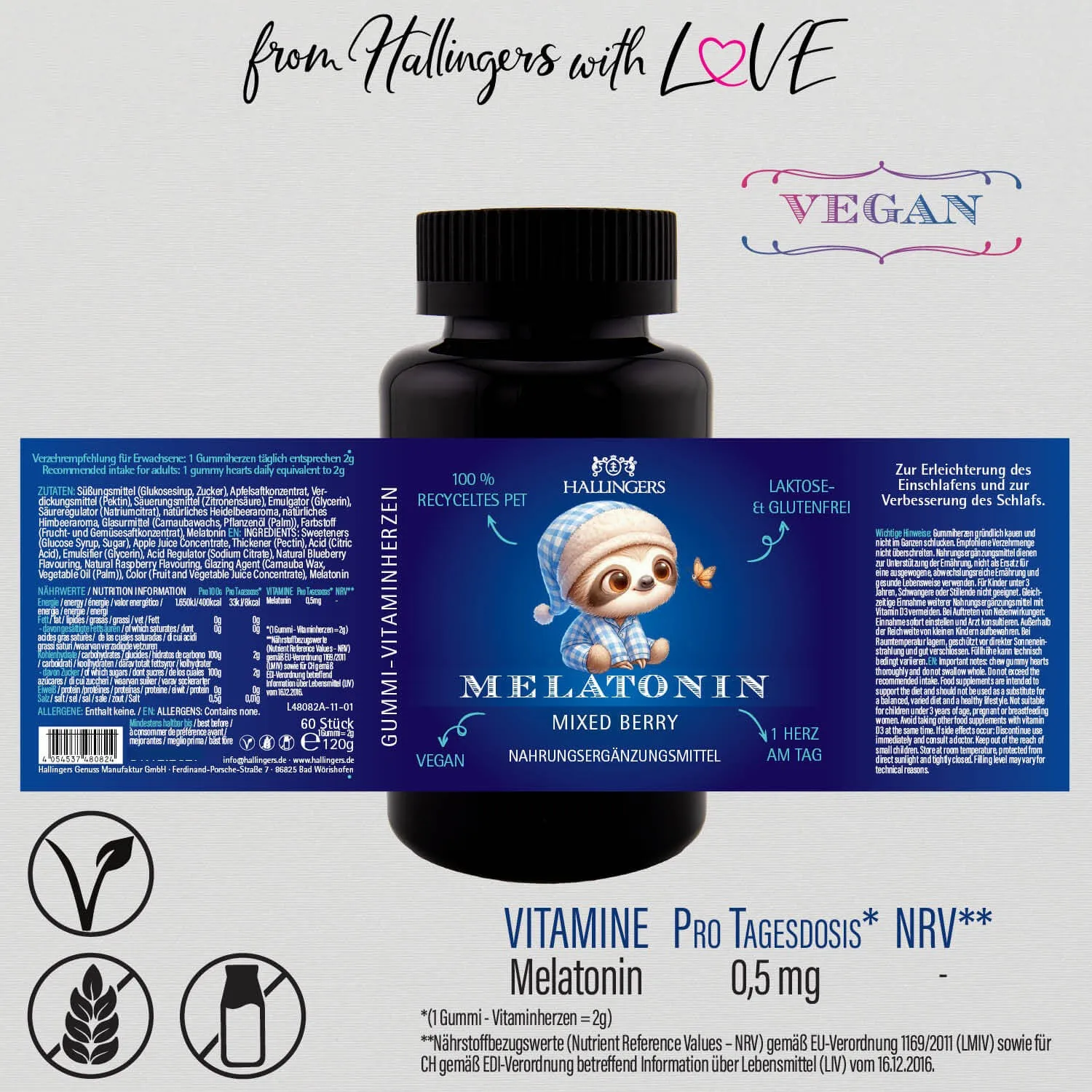 Melatonin, Faultier - gut schlafen Gummies, 60 vegane Vitaminherzen