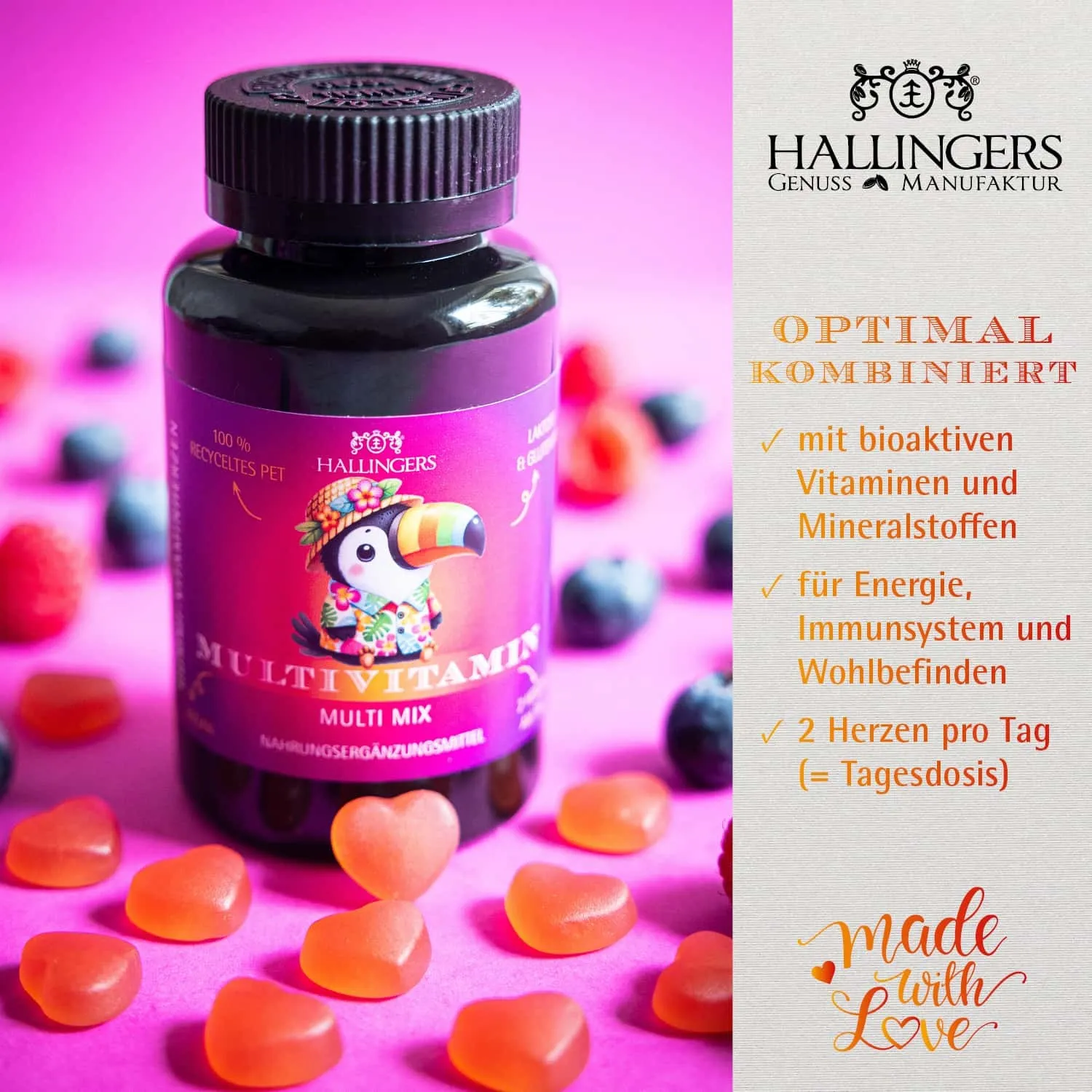 MULTIVITAMIN GUMMIES - 60 vegane Vitaminherzen Mixed Berry mit Vitamin A, C, D, E, B6, B12, Folsäure, Biotin, Pantothensäure, Zink & Iod. Fruchtiger Genuss für die ganze Familie & bewusste Wohlfühlmomente im Alltag