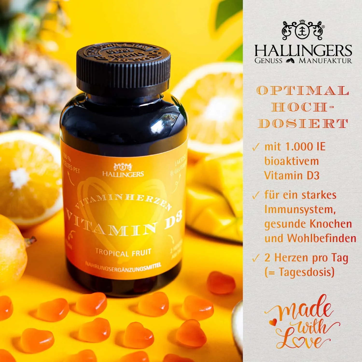 IMMUNSYSTEM GUMMIES - 120 vegane Vitaminherzen Tropical mit hochdosiertem Vitamin D3, 1000 IE & 25 mcg pro Herz. Fruchtiger Genuss für die ganze Familie & bewusste Wohlfühlmomente zur täglichen Unterstützung im Alltag