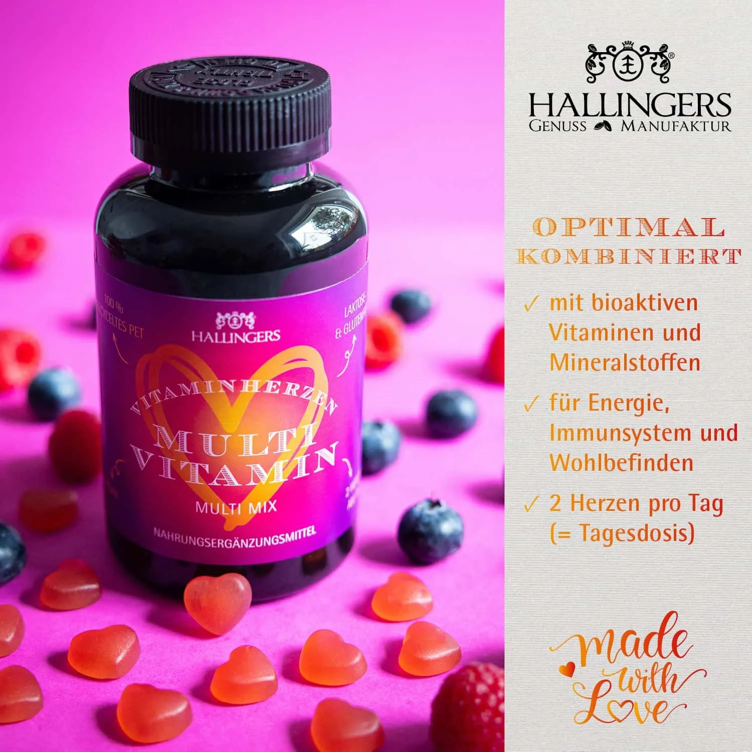 MULTIVITAMIN GUMMIES - 120 vegane Vitaminherzen Mixed Berry mit Vitamin A, C, D, E, B6, B12, Folsäure, Biotin, Pantothensäure, Zink & Iod. Fruchtiger Genuss für die ganze Familie & bewusste Wohlfühlmomente im Alltag