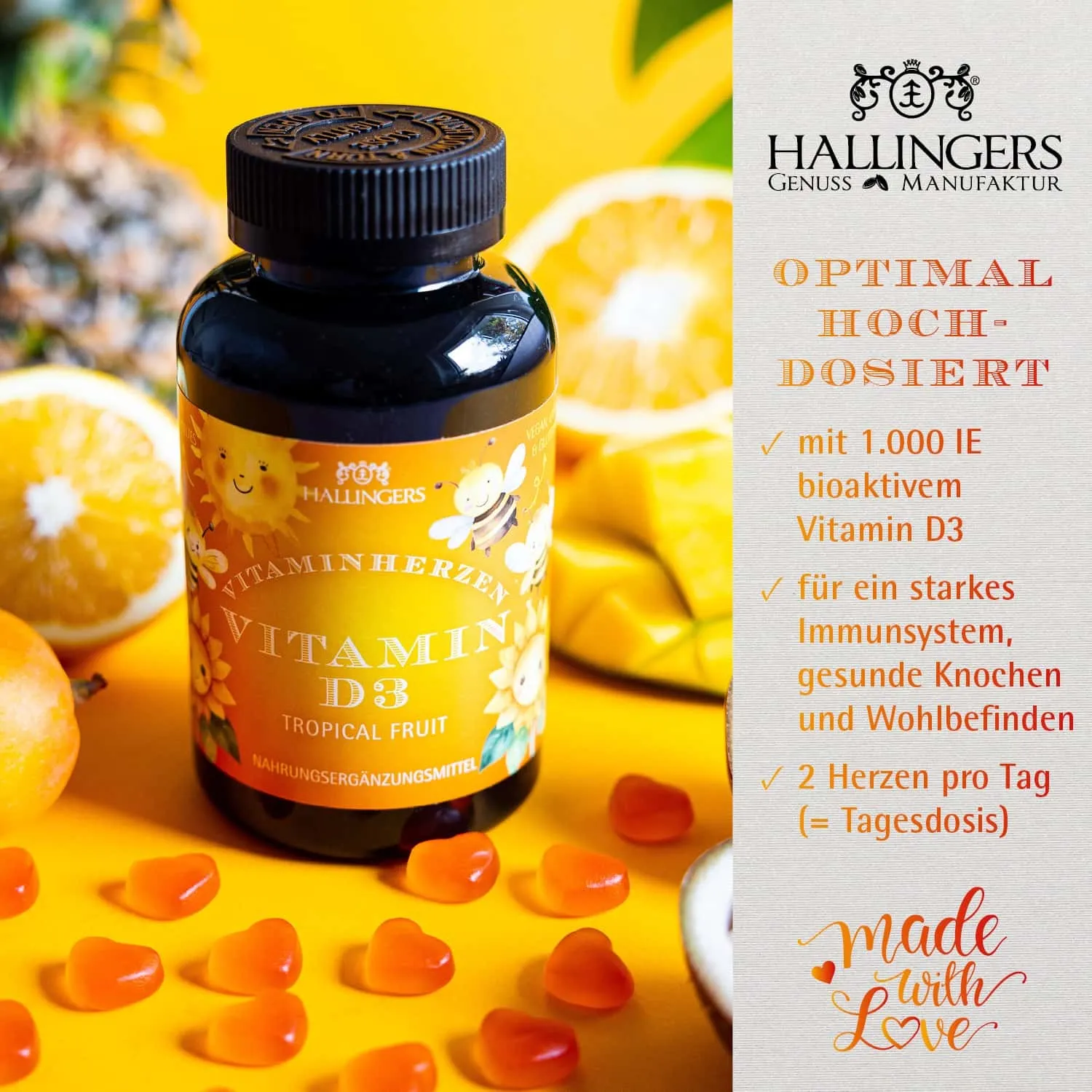 IMMUNSYSTEM GUMMIES - 120 vegane Vitaminherzen Tropical mit hochdosiertem Vitamin D3, 1000 IE & 25 mcg pro Herz. Fruchtiger Genuss für die ganze Familie & bewusste Wohlfühlmomente zur täglichen Unterstützung im Alltag