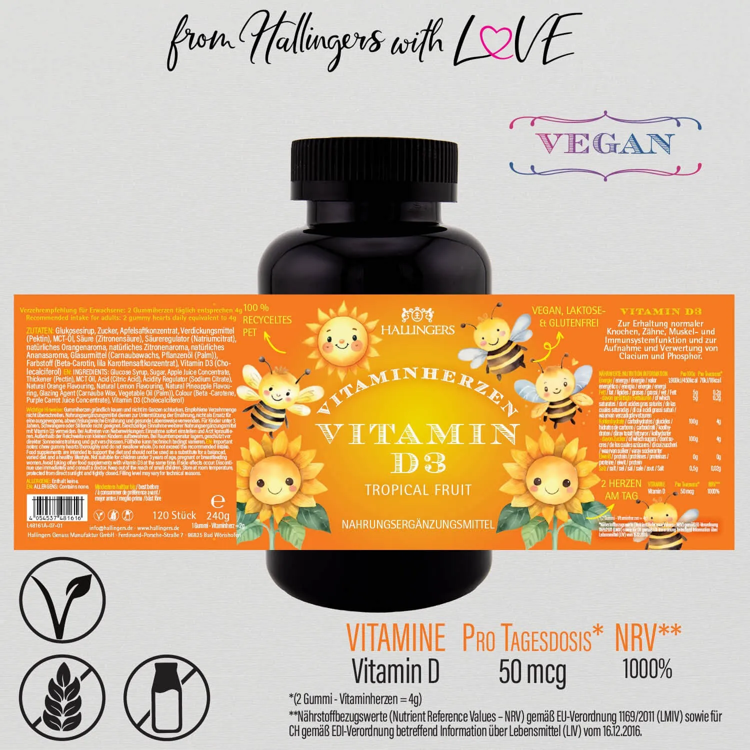 Vitamin D3, Biene - Immunsystem Gummies, 120 vegane Vitaminherzen