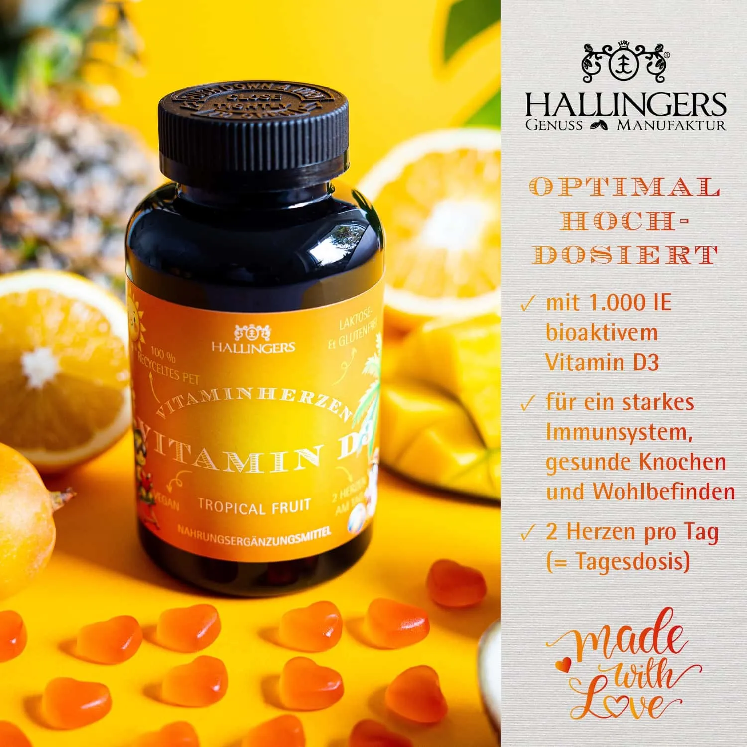 IMMUNSYSTEM GUMMIES - 120 vegane Vitaminherzen Tropical mit hochdosiertem Vitamin D3, 1000 IE & 25 mcg pro Herz. Fruchtiger Genuss für die ganze Familie & bewusste Wohlfühlmomente zur täglichen Unterstützung im Alltag
