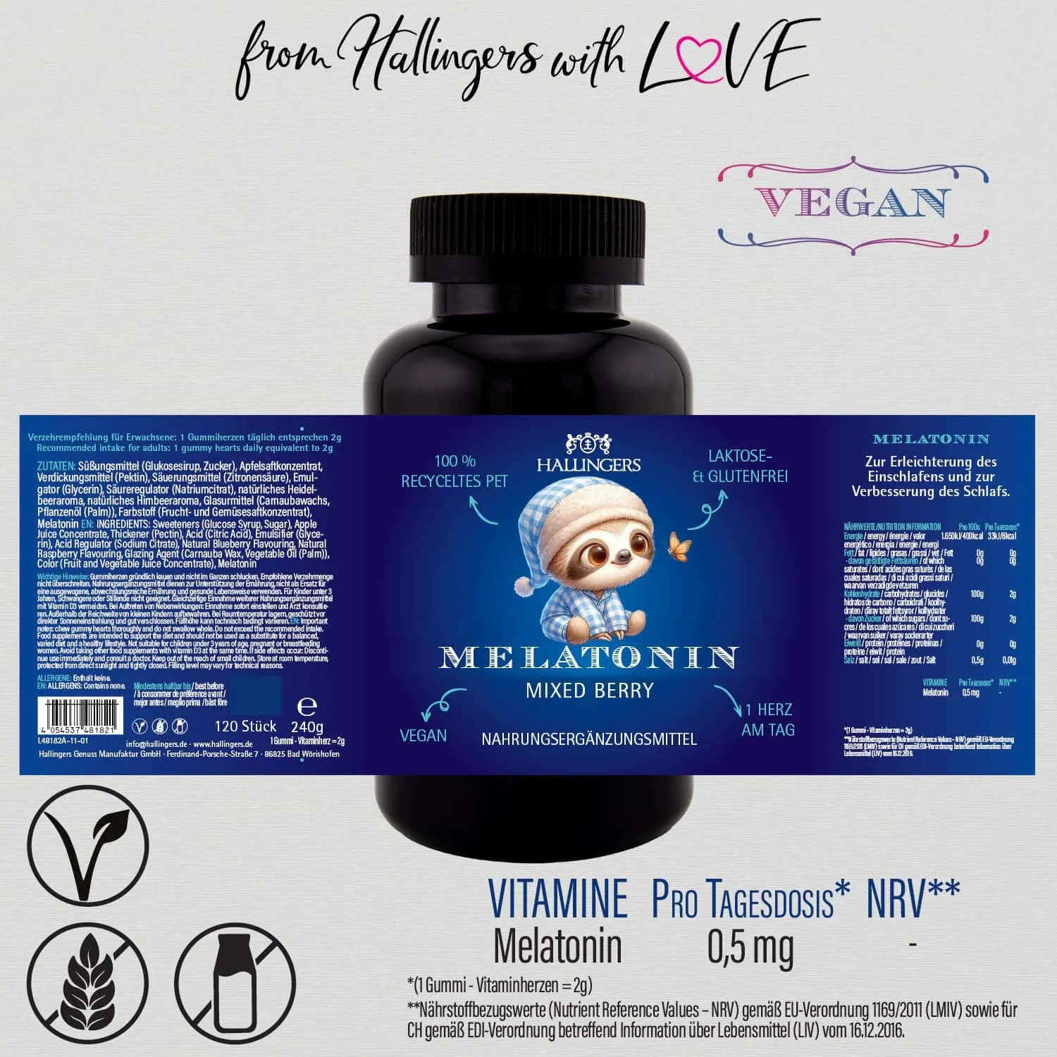 Melatonin, Faultier - gut schlafen Gummies, 120 vegane Vitaminherzen