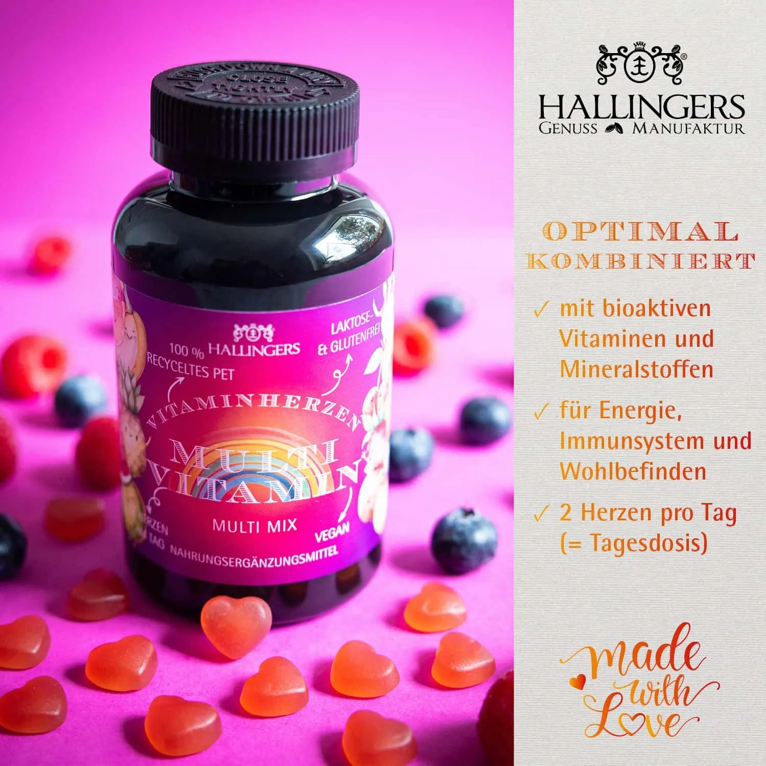 MULTIVITAMIN GUMMIES - 120 vegane Vitaminherzen Mixed Berry mit Vitamin A, C, D, E, B6, B12, Folsäure, Biotin, Pantothensäure, Zink & Iod. Fruchtiger Genuss für die ganze Familie & bewusste Wohlfühlmomente im Alltag