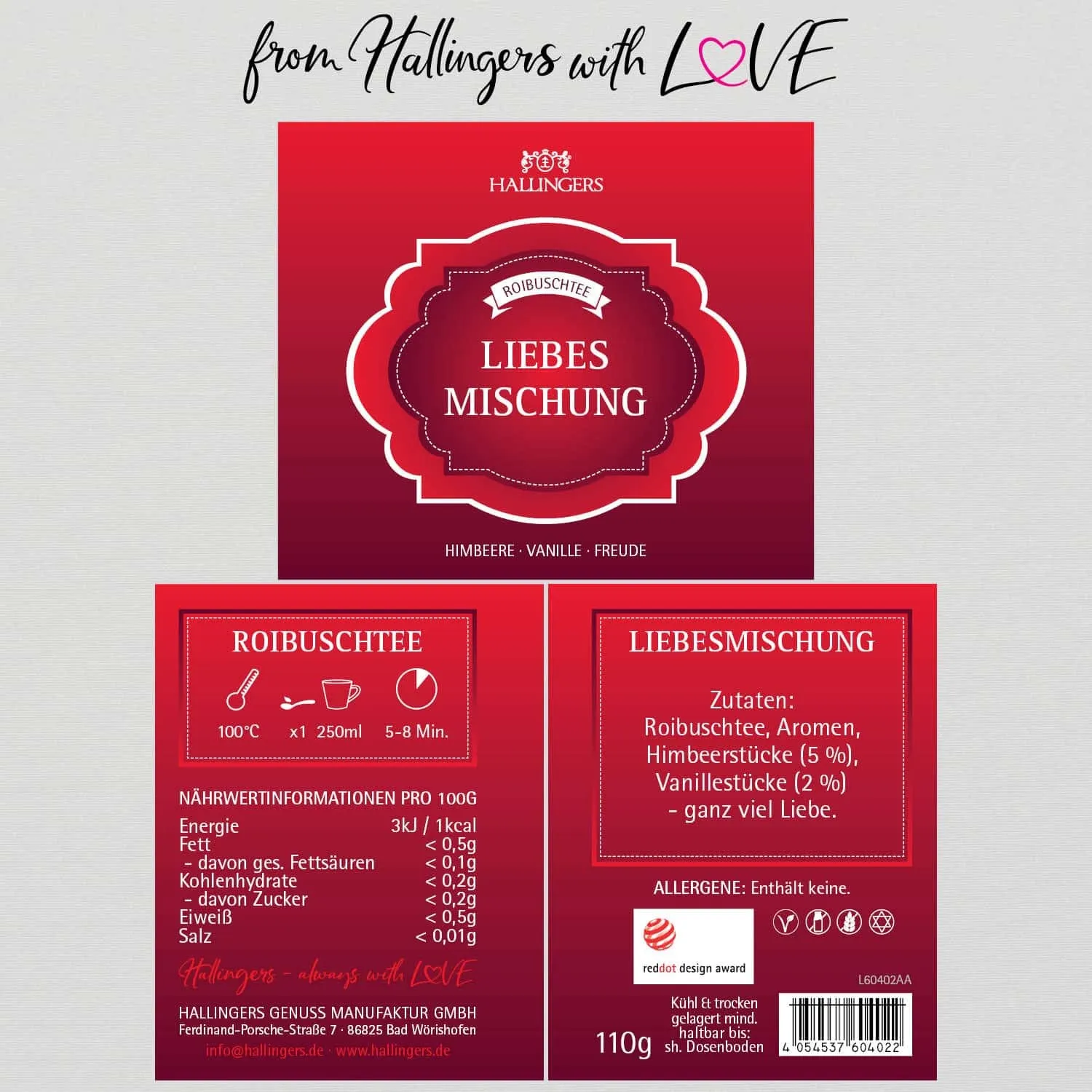 Liebesmischung (mit Roibusch, Himbeere & Vanille) - Roibusch Tee, loser Tee Geschenkdose