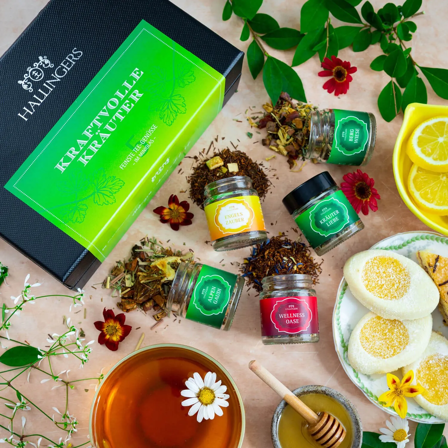TEE SET IN DER GESCHENKBOX - 5 Sorten premium loser Tee als exklusives Probierset, stilvoll verpackt in einer edlen Geschenkbox mit Rezept-Booklet. Die besondere Geschenkidee für Teeliebhaber, Genießer & entspannte Wohlfühlmomente