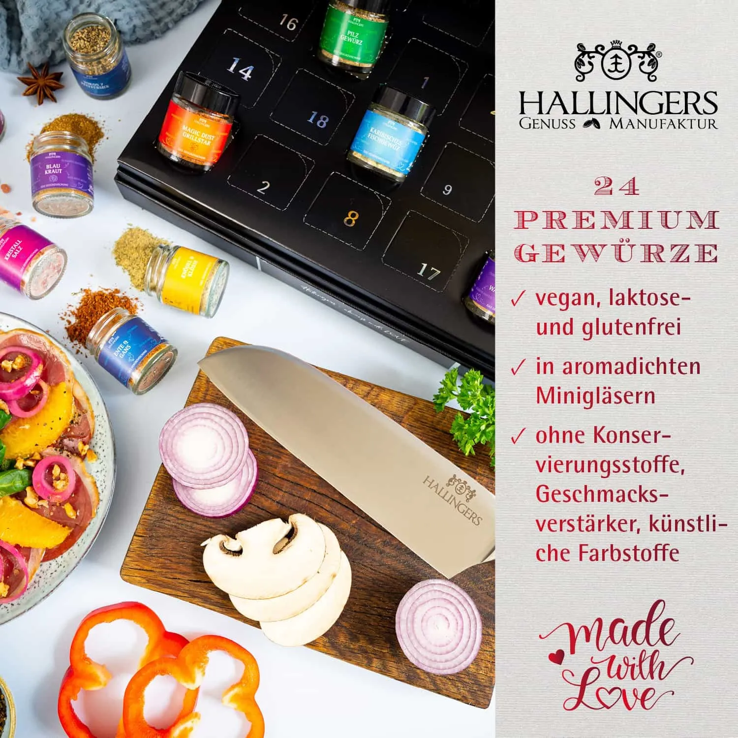 GESCHMACK AUS ALLER WELT - Edition \Winterkalender & Premium Santoku\: Während andere auf Masse und möglichst viele Sorten setzen, überzeugt echter Gewürzgenuss durch Charakter, Raffinesse & Wiedererkennungswert (Bundle mit Premium Santoku-Messer)