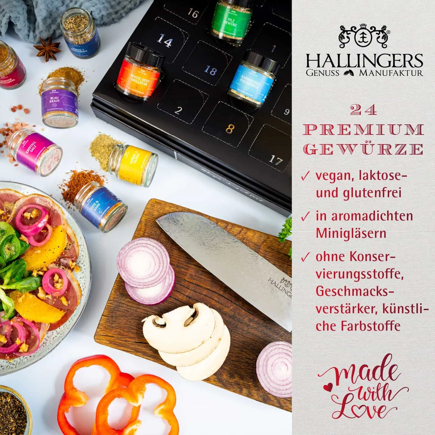GESCHMACK AUS ALLER WELT - Edition \Winterkalender & Deluxe Santoku\: Während andere auf Masse und möglichst viele Sorten setzen, überzeugt echter Gewürzgenuss durch Charakter, Raffinesse & Wiedererkennungswert (Bundle mit Deluxe Santoku-Messer)