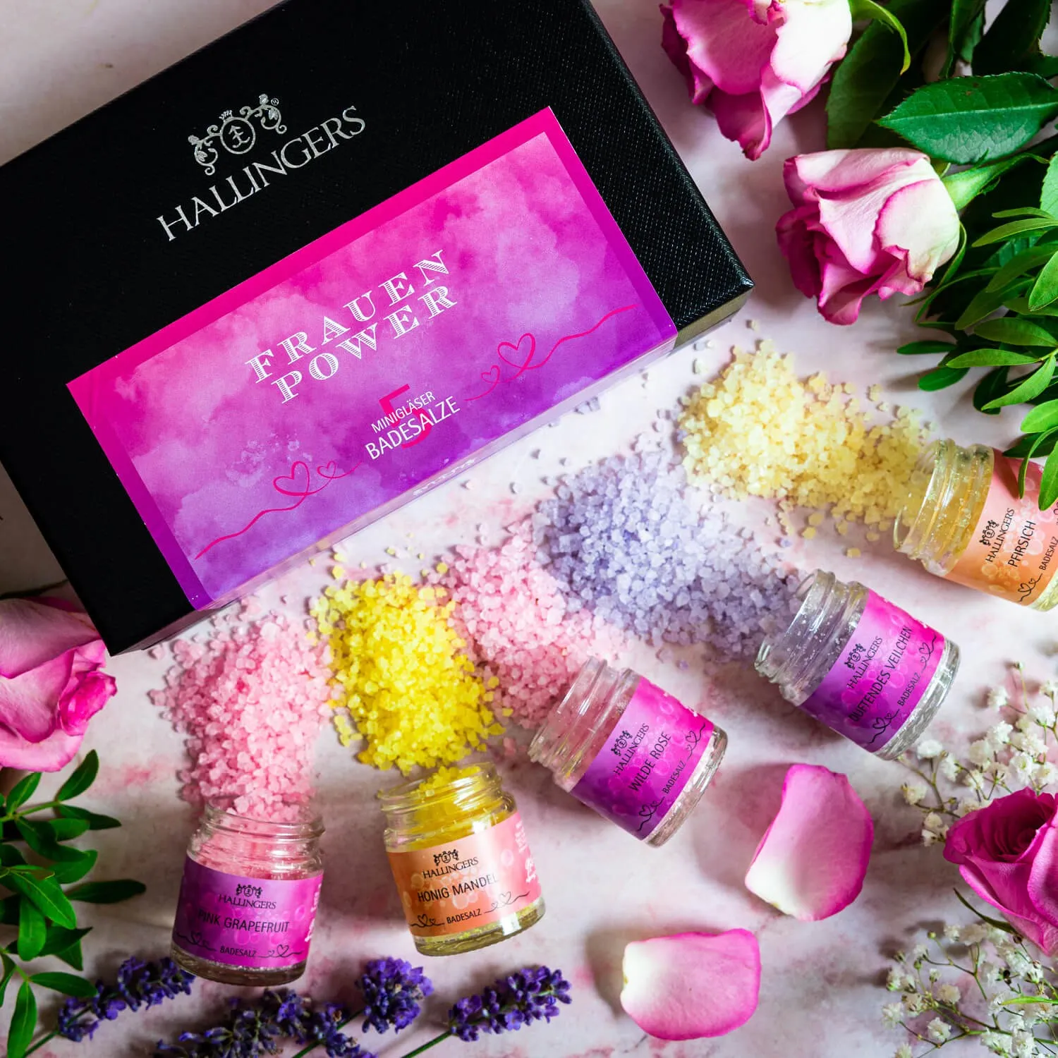 BADESALZE SET IN DER GESCHENKBOX - 5x Badezusatz mit Totes Meer Badesalz, Badekristallen & Fußbad für entspannende Spa- & Wohlfühlmomente, stilvoll verpackt in einer edlen Geschenkbox. Die besondere Geschenkidee für Wellness & Me-Time