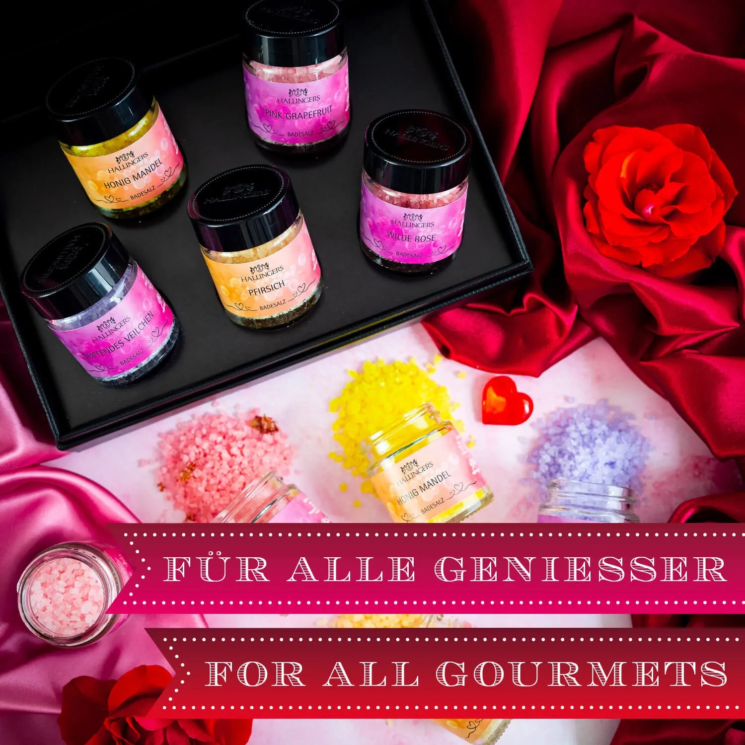 BESONDERS STATT GEWÖHNLICH - Edition \Alles Liebe zum Valentinstag\: Vergiss beliebige Badesalz-Sets voller austauschbarer Düfte - echte Wohlfühlmomente entstehen, wo jede Mischung durch Charakter, Qualität und besondere Duftwelten überzeugt