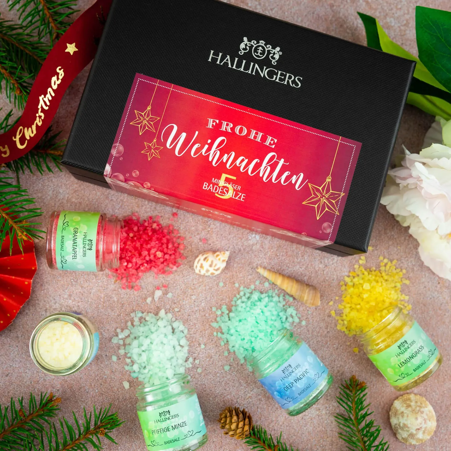 BADESALZE SET IN DER GESCHENKBOX - 5x Badezusatz mit Totes Meer Badesalz, Badekristallen & Fußbad für entspannende Spa- & Wohlfühlmomente, stilvoll verpackt in einer edlen Geschenkbox. Die besondere Geschenkidee für Wellness & Me-Time
