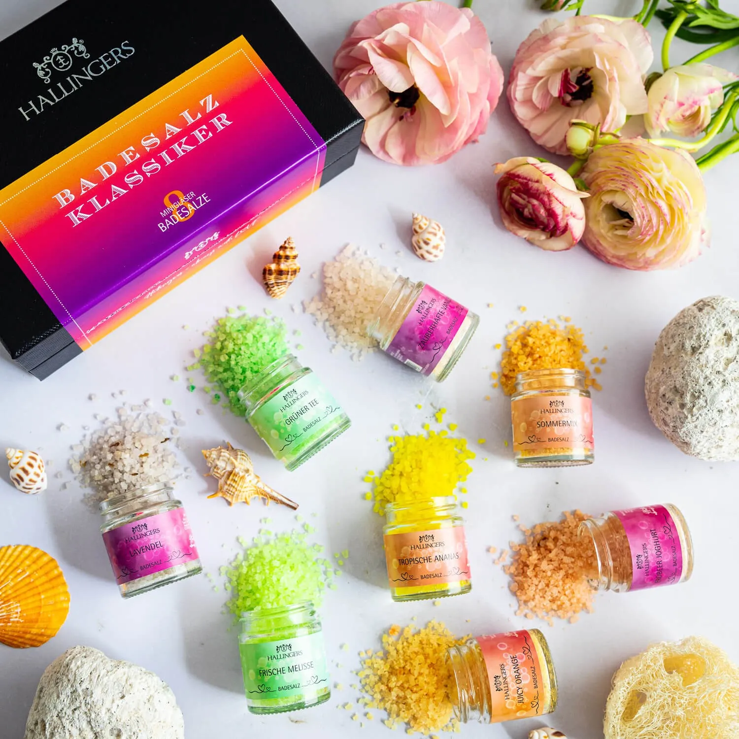 BADESALZE SET IN DER GESCHENKBOX - 8x Badezusatz mit Totes Meer Badesalz, Badekristallen & Fußbad für entspannende Spa- & Wohlfühlmomente, stilvoll verpackt in einer edlen Geschenkbox. Die besondere Geschenkidee für Wellness & Me-Time