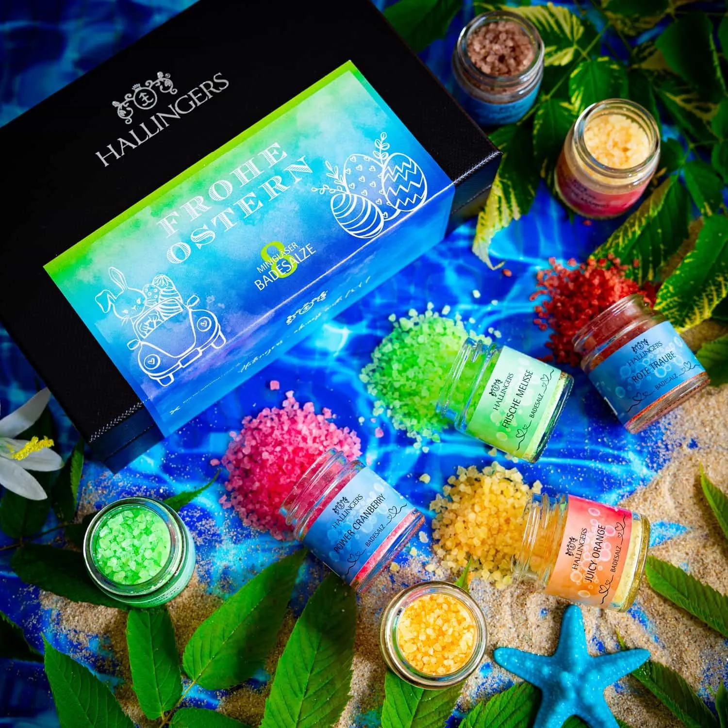 BADESALZE SET IN DER GESCHENKBOX - 8x Badezusatz mit Totes Meer Badesalz, Badekristallen & Fußbad für entspannende Spa- & Wohlfühlmomente, stilvoll verpackt in einer edlen Geschenkbox. Die besondere Geschenkidee für Wellness & Me-Time