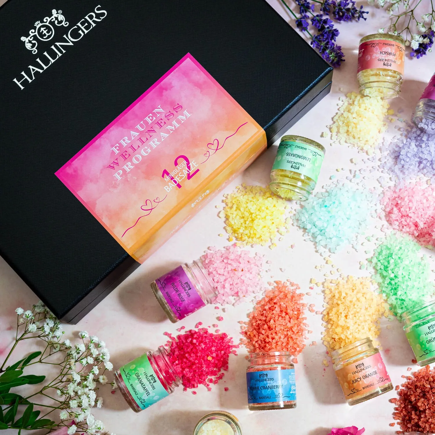 BADESALZE SET IN DER GESCHENKBOX - 12x Badezusatz mit Totes Meer Badesalz, Badekristallen & Fußbad für entspannende Spa- & Wohlfühlmomente, stilvoll verpackt in einer edlen Geschenkbox. Die besondere Geschenkidee für Wellness & Me-Time
