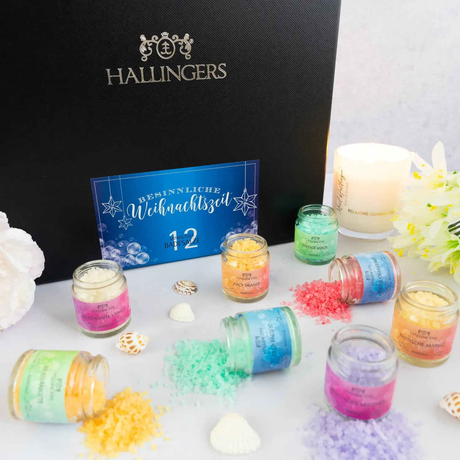 BADESALZE SET IN DER GESCHENKBOX - 12x Badezusatz mit Totes Meer Badesalz, Badekristallen & Fußbad für entspannende Spa- & Wohlfühlmomente, stilvoll verpackt in einer edlen Geschenkbox. Die besondere Geschenkidee für Wellness & Me-Time