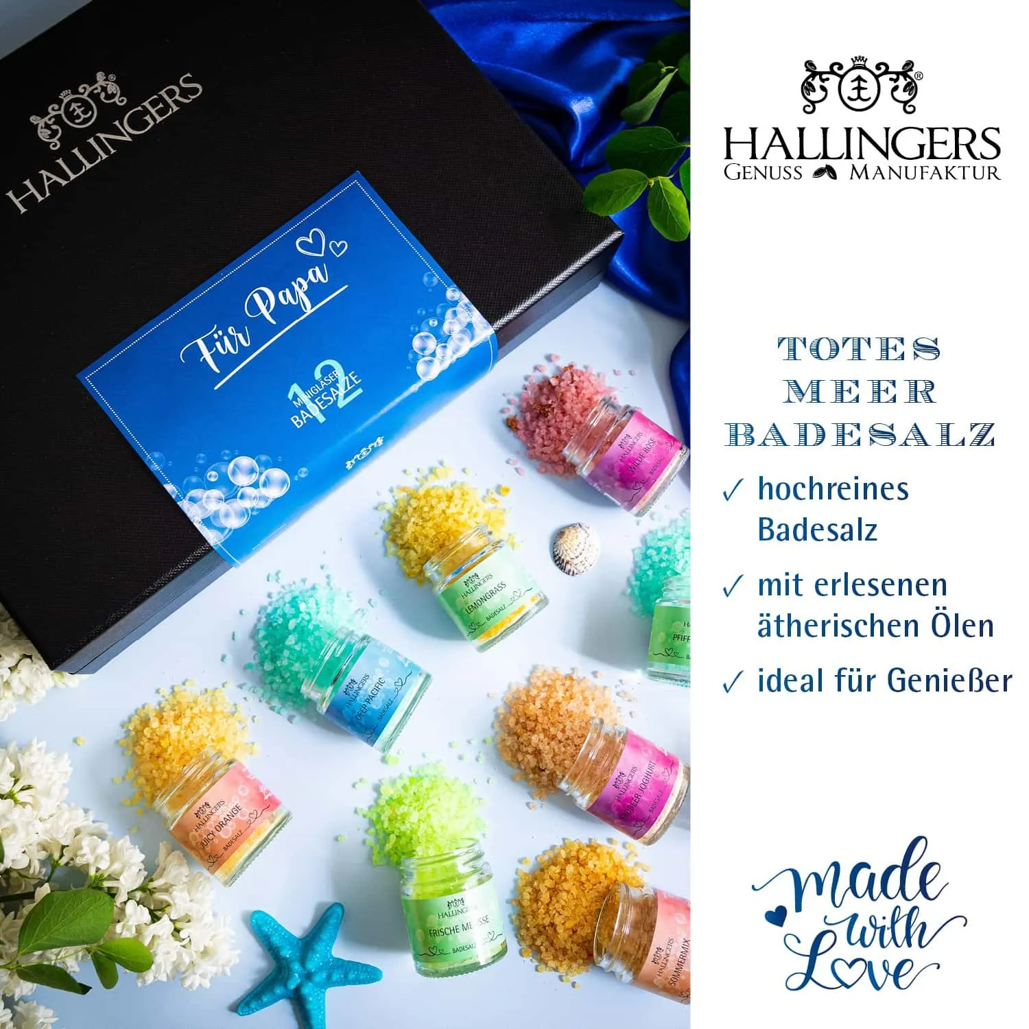 BADESALZE SET IN DER GESCHENKBOX - 12x Badezusatz mit Totes Meer Badesalz, Badekristallen & Fußbad für entspannende Spa- & Wohlfühlmomente, stilvoll verpackt in einer edlen Geschenkbox. Die besondere Geschenkidee für Wellness & Me-Time