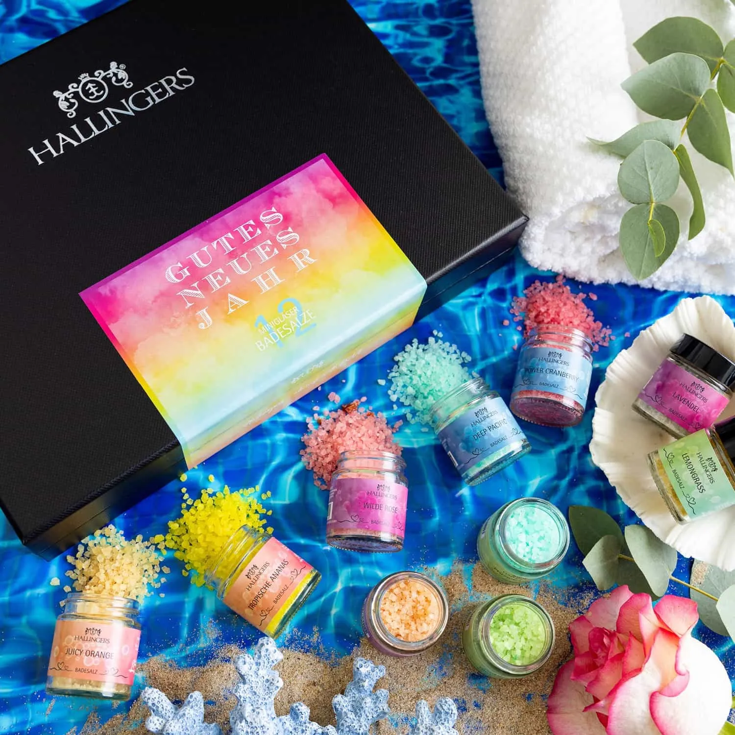 BADESALZE SET IN DER GESCHENKBOX - 12x Badezusatz mit Totes Meer Badesalz, Badekristallen & Fußbad für entspannende Spa- & Wohlfühlmomente, stilvoll verpackt in einer edlen Geschenkbox. Die besondere Geschenkidee für Wellness & Me-Time