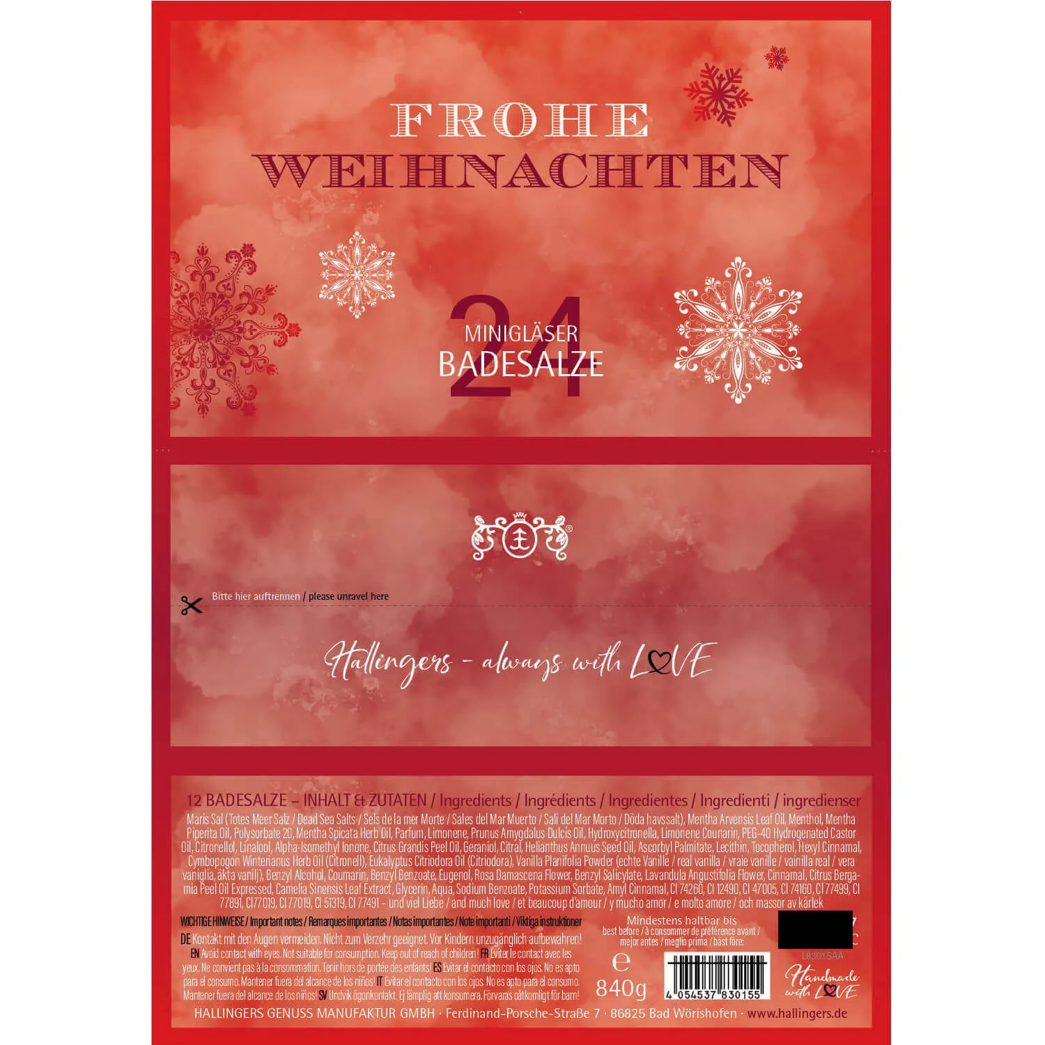 Frohe Weihnachten & Happiness is handgemacht - Badesalze-Set, 24x Badezusatz Totes Meer
