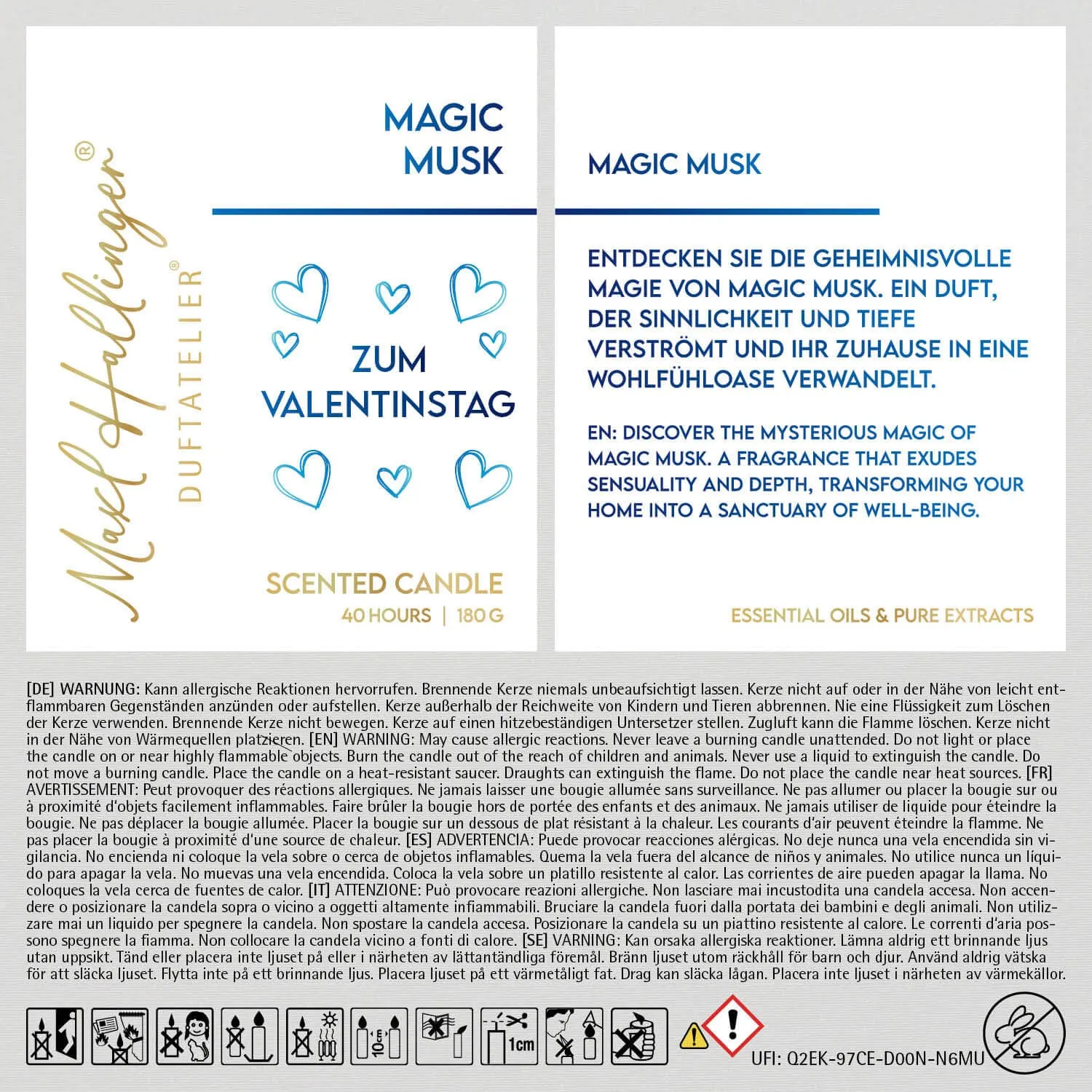 Zum Valentinstag blue (Moschus) - Duftkerze, 40h Raumduft Sojawachs
